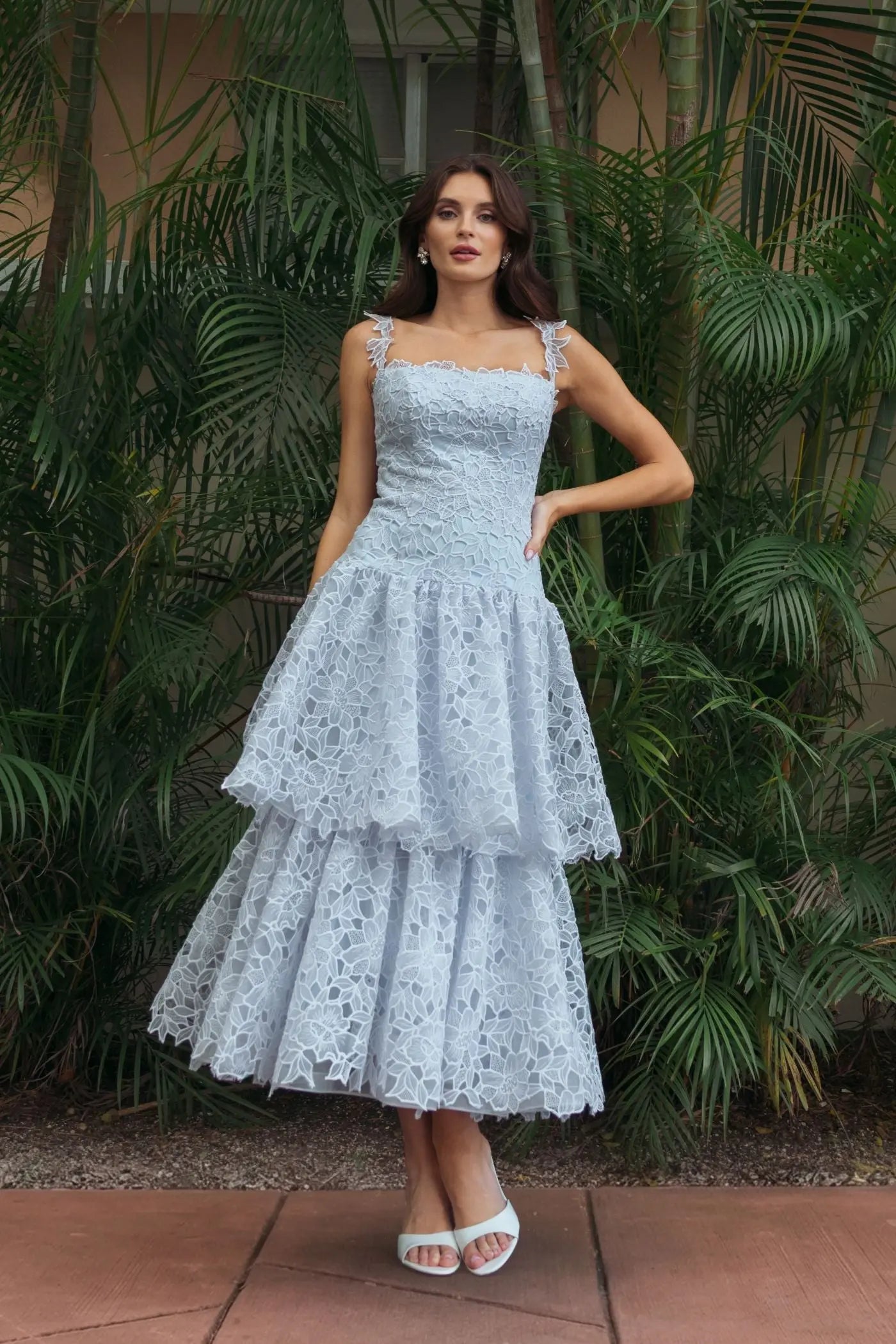 Blue Floral Lace Tiered Midi Dress Ieena for Mac Duggal