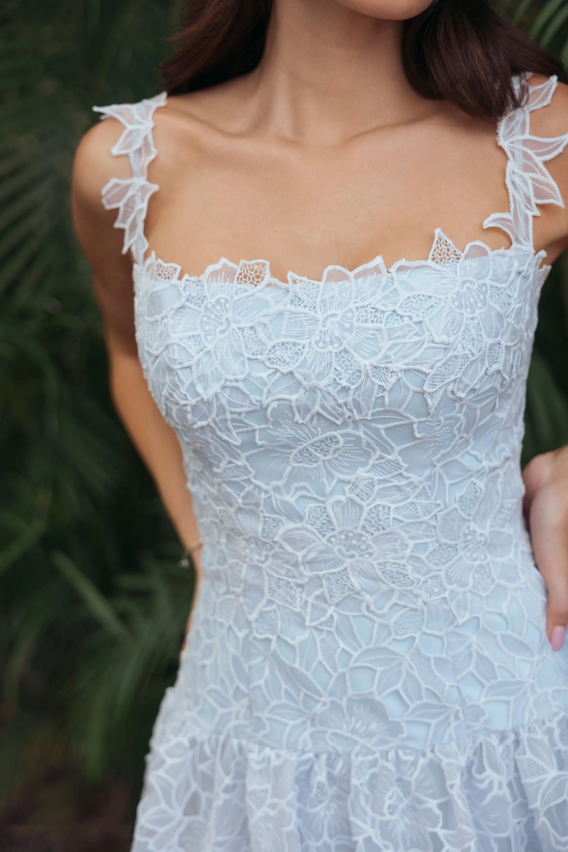 Blue Sleeveless Embroidered Lace Tiered Midi Dress | Mac Duggal Blue Sleeveless Embroidered Lace Tiered Midi Dress | Mac Duggal
