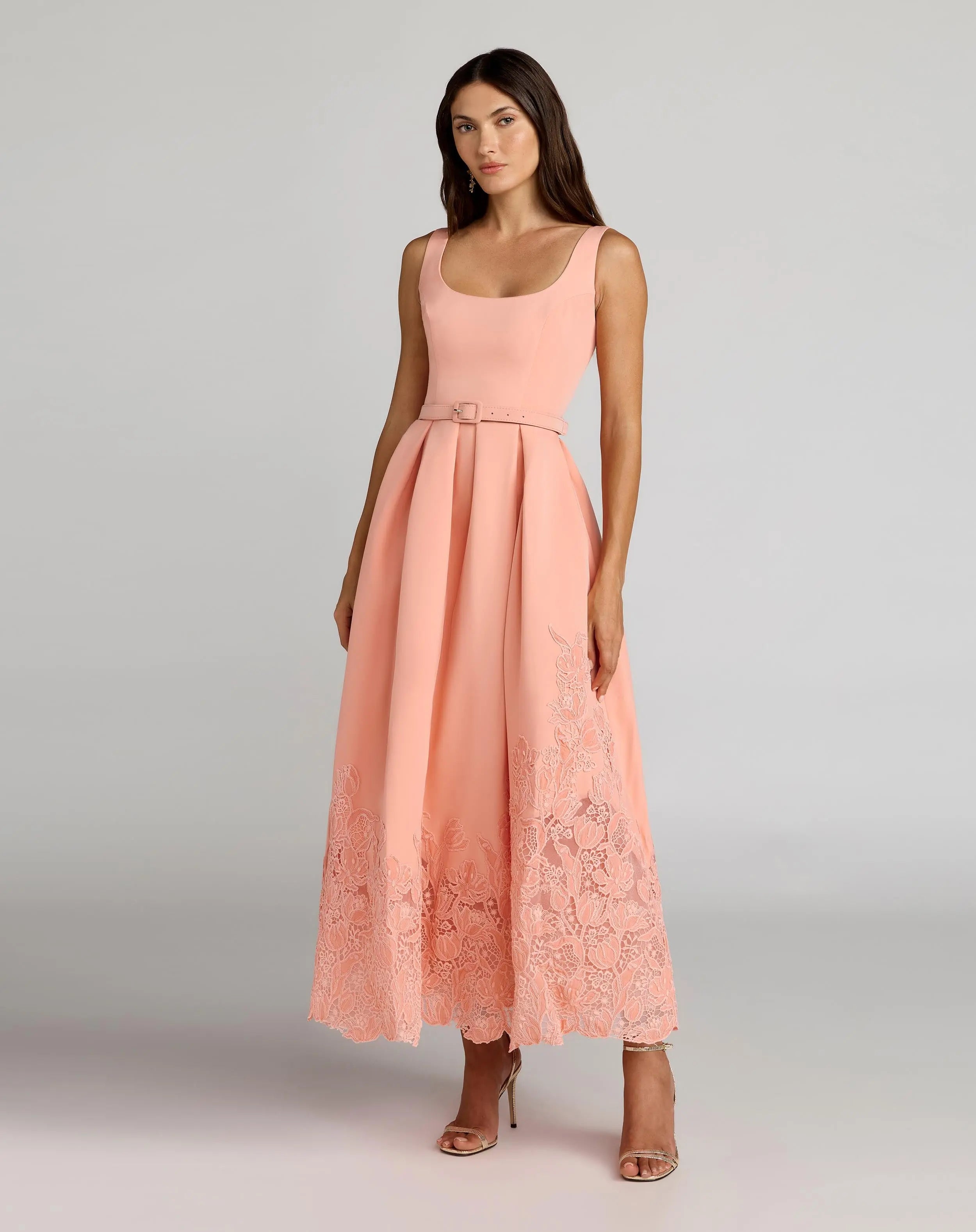 Peach Lace Hem Belted Midi Dress Ieena for Mac Duggal