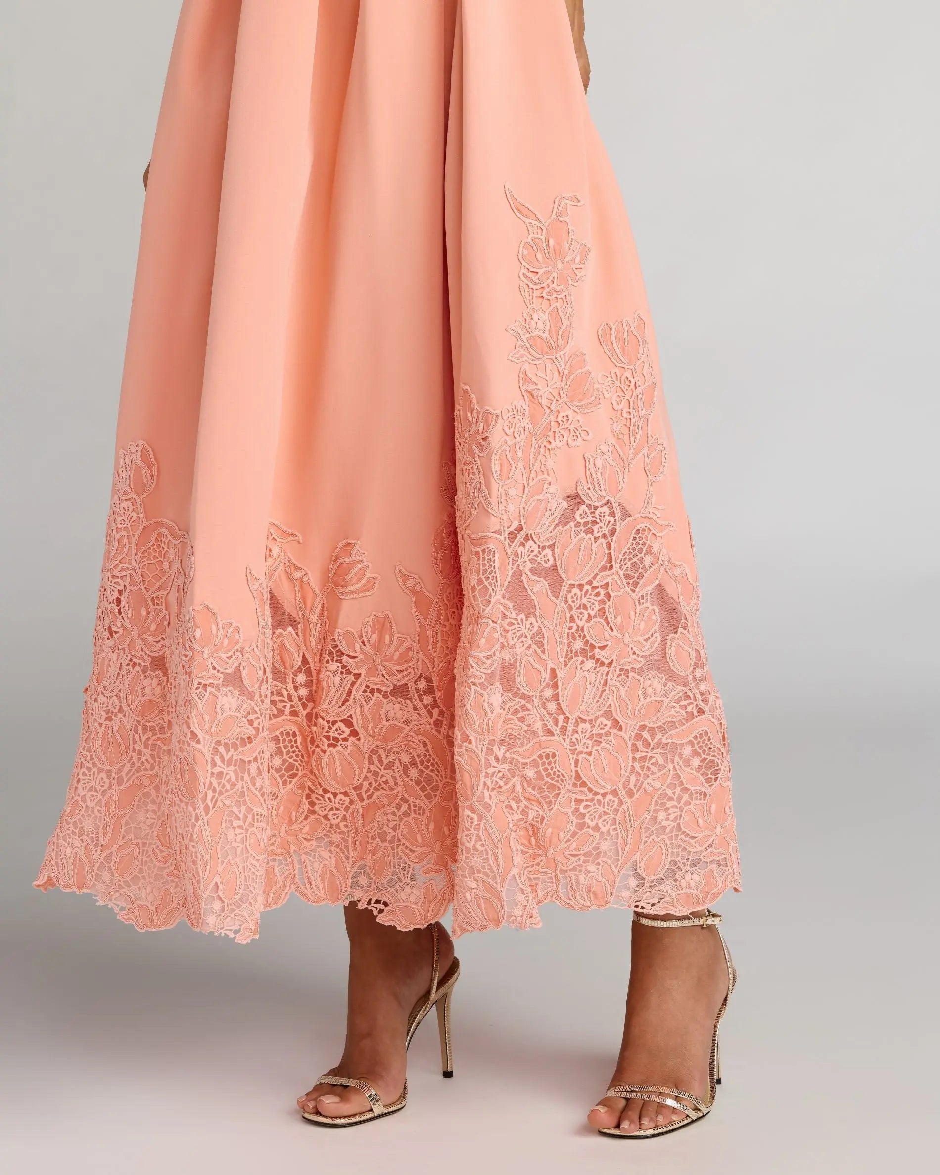 Peach Lace Hem Belted Midi Dress | Mac Duggal Peach Lace Hem Belted Midi Dress | Mac Duggal