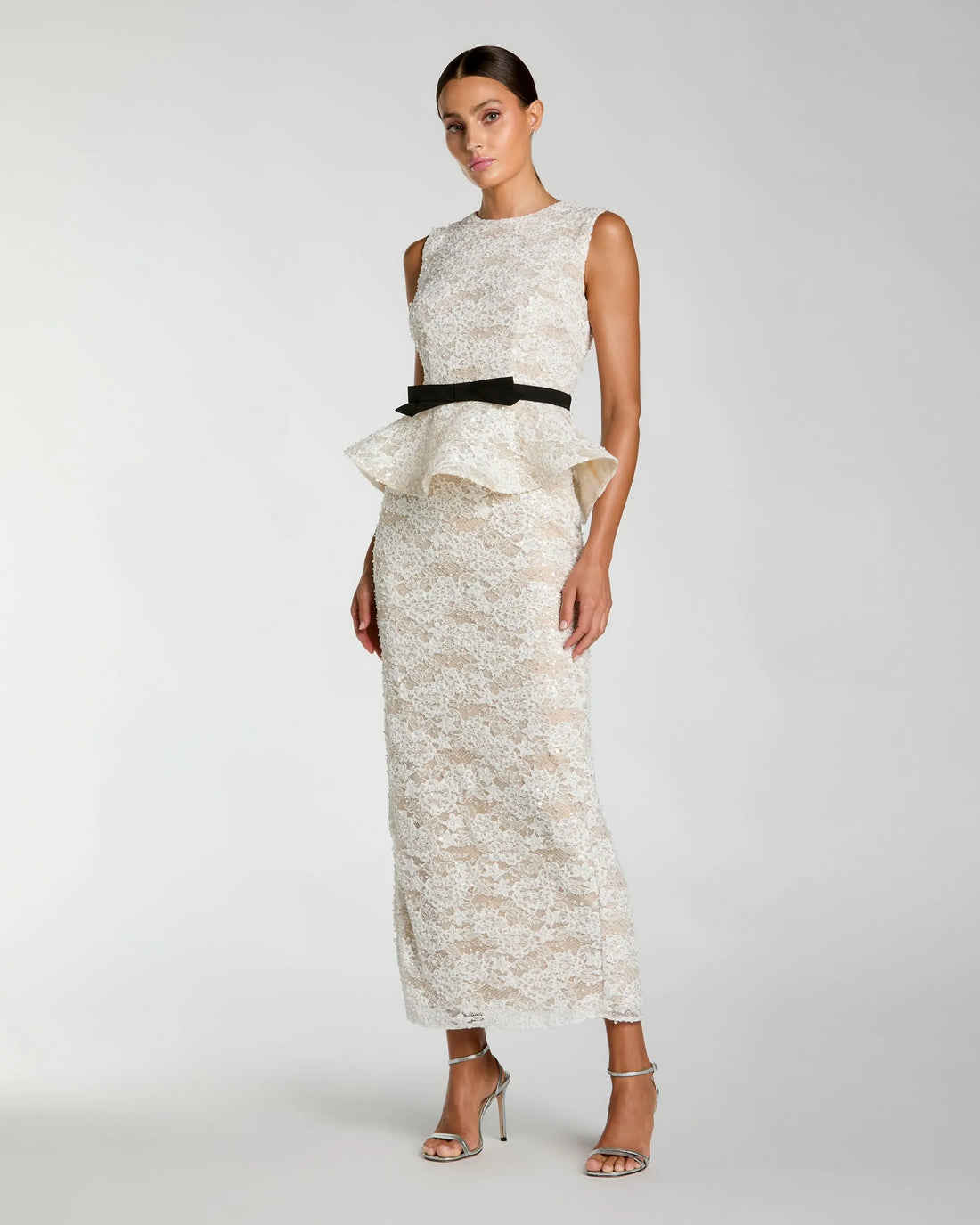 White Lace Peplum Column Dress with Bow | Mac Duggal White Lace Peplum Column Dress with Bow | Mac Duggal