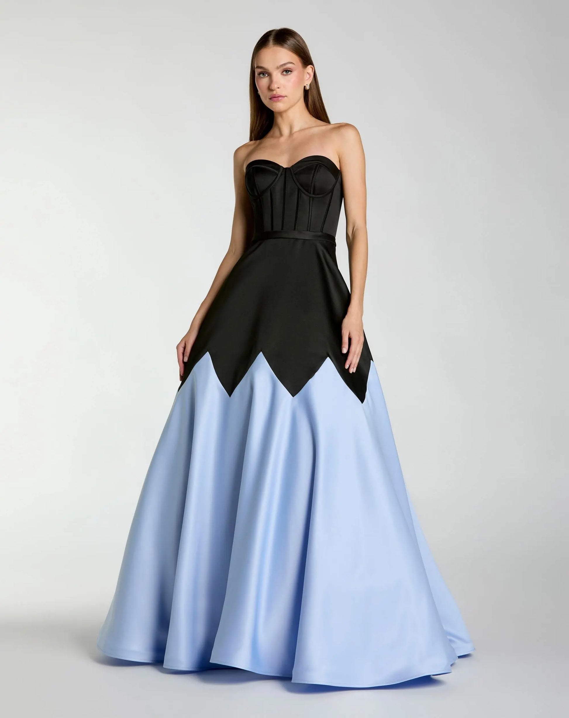 Black and Blue Strapless Satin Sweetheart Ball Gown | Mac Duggal Black and Blue Strapless Satin Sweetheart Ball Gown | Mac Duggal