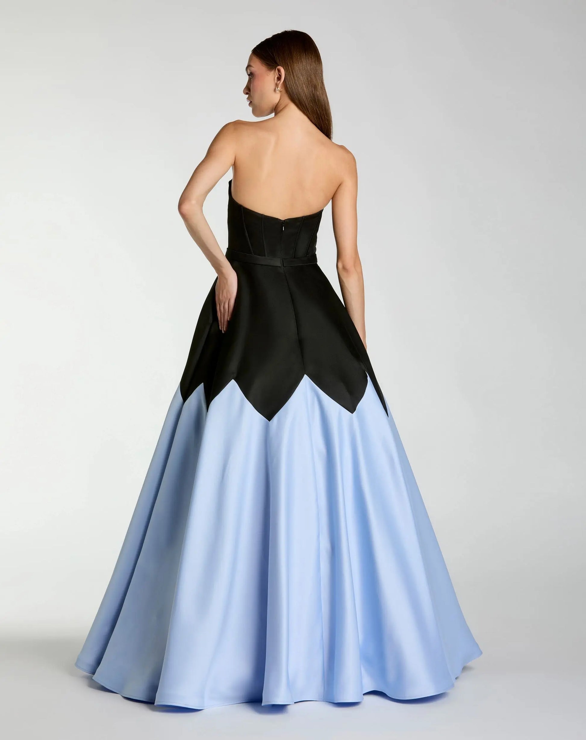 Black and Blue Strapless Satin Sweetheart Ball Gown | Mac Duggal Black and Blue Strapless Satin Sweetheart Ball Gown | Mac Duggal