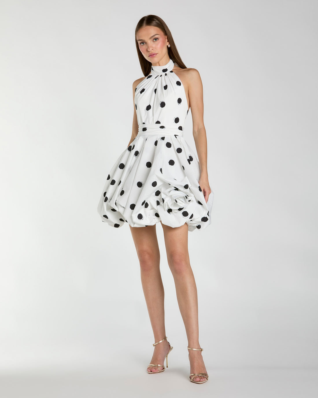 Ivory Polka Dot Halter Mini Dress with 3D Rose Ieena for Mac Duggal