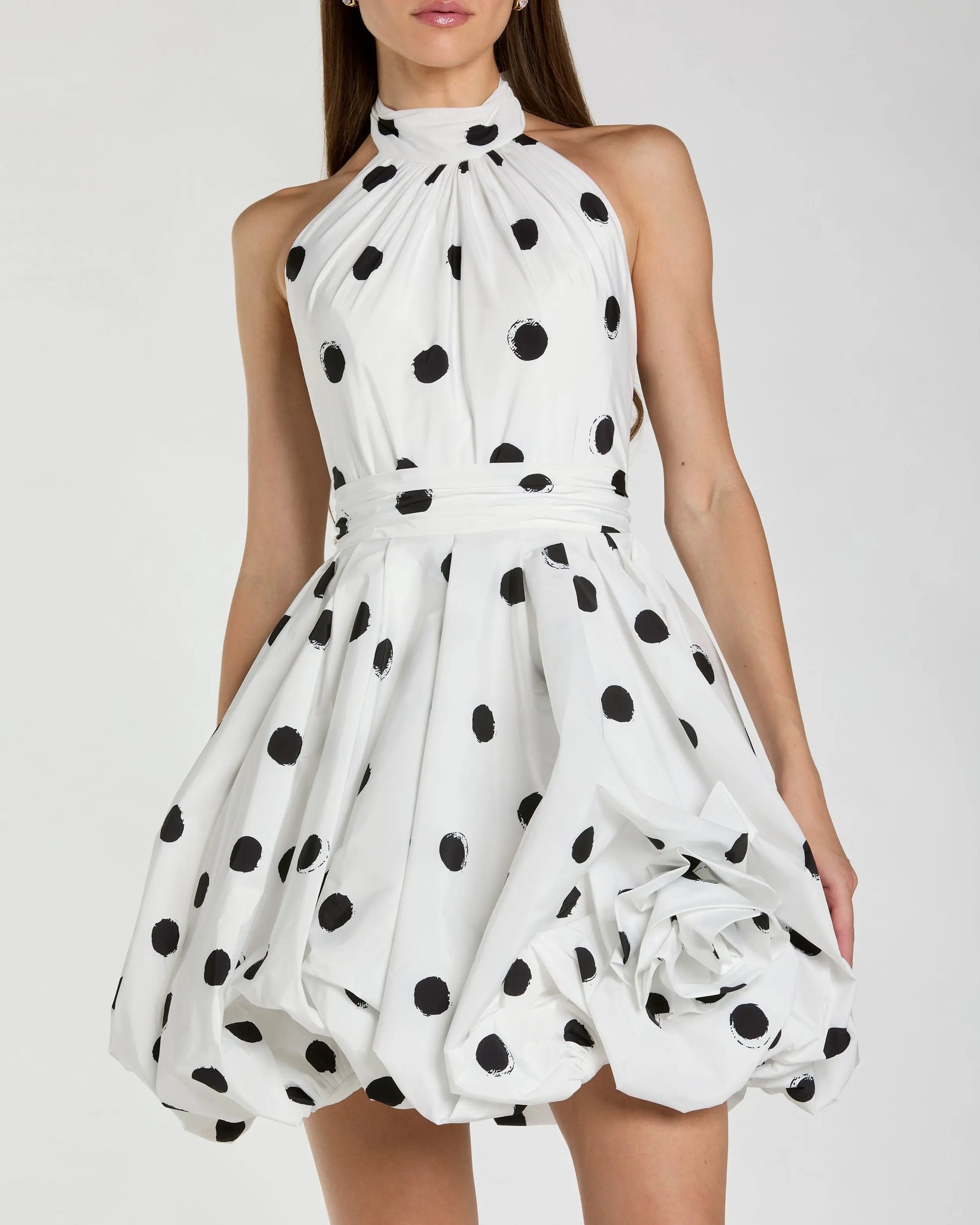 White Polka Dot Halter Mini Dress With 3D Rose | Mac Duggal White Polka Dot Halter Mini Dress With 3D Rose | Mac Duggal