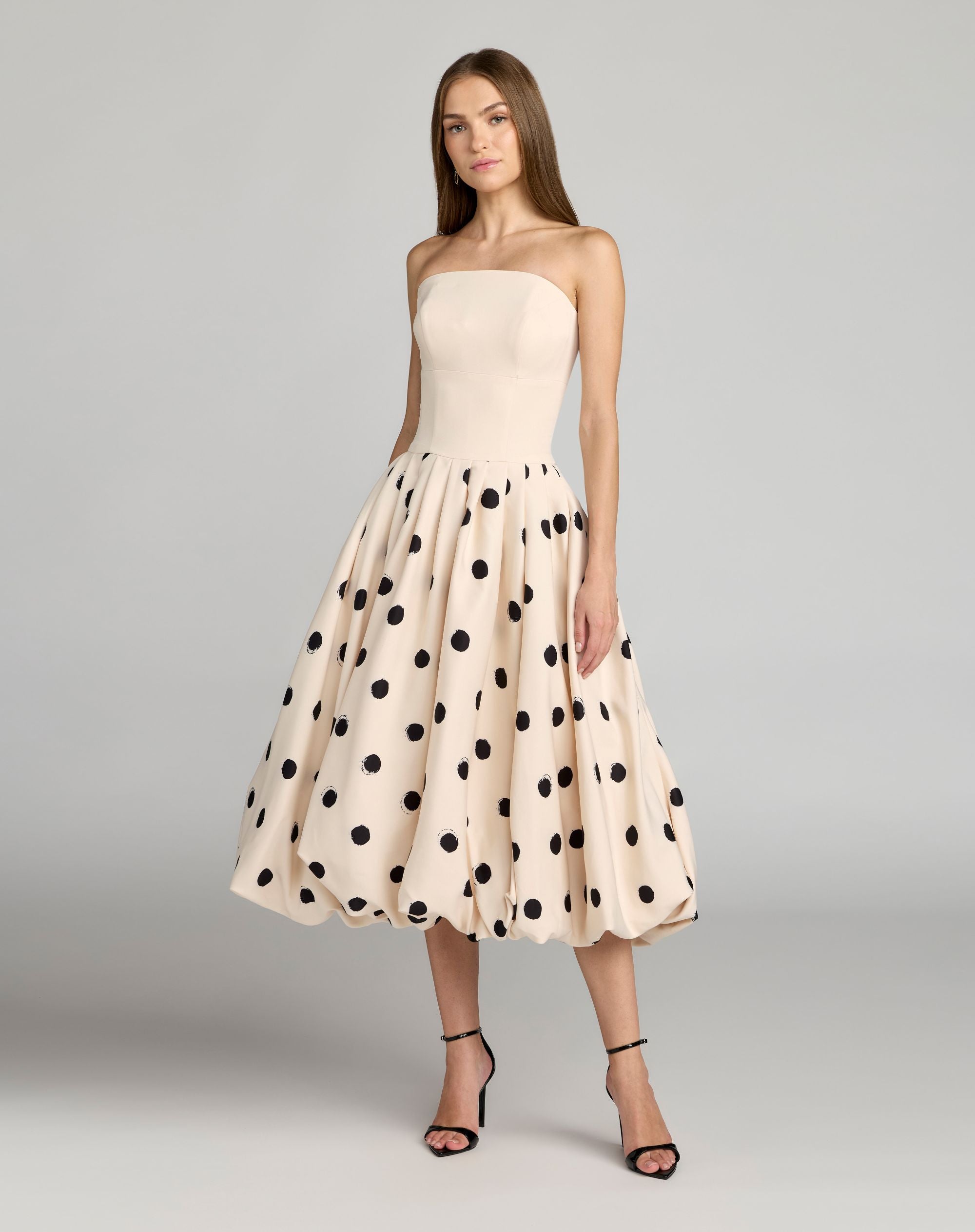 Beige Strapless Polka Dot Bubble Skirt Midi Dress