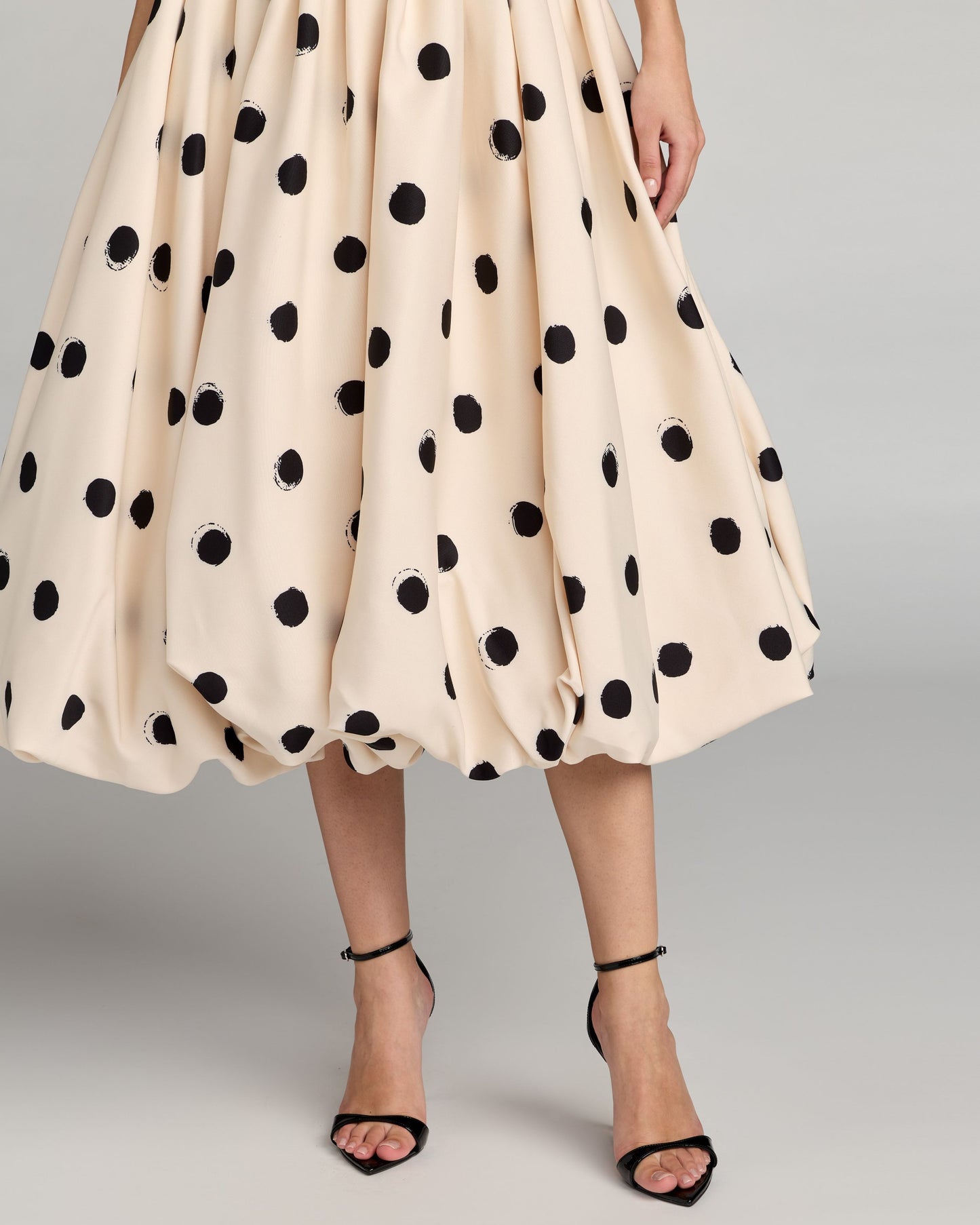 Ivory Strapless Polka Dot Bubble Hem Midi Dress Ieena for Mac Duggal