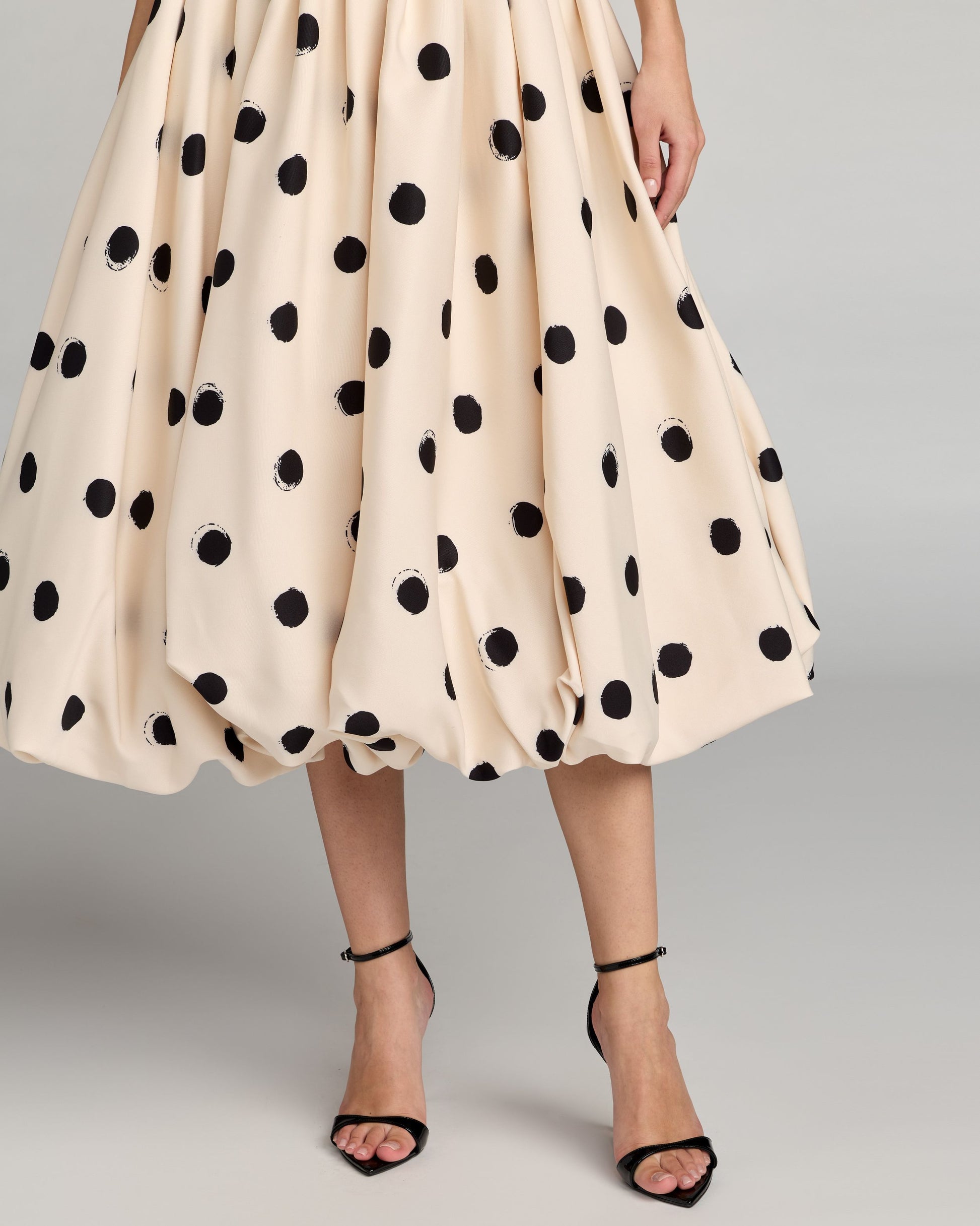 Ivory Strapless Polka Dot Bubble Hem Midi Dress Ieena for Mac Duggal