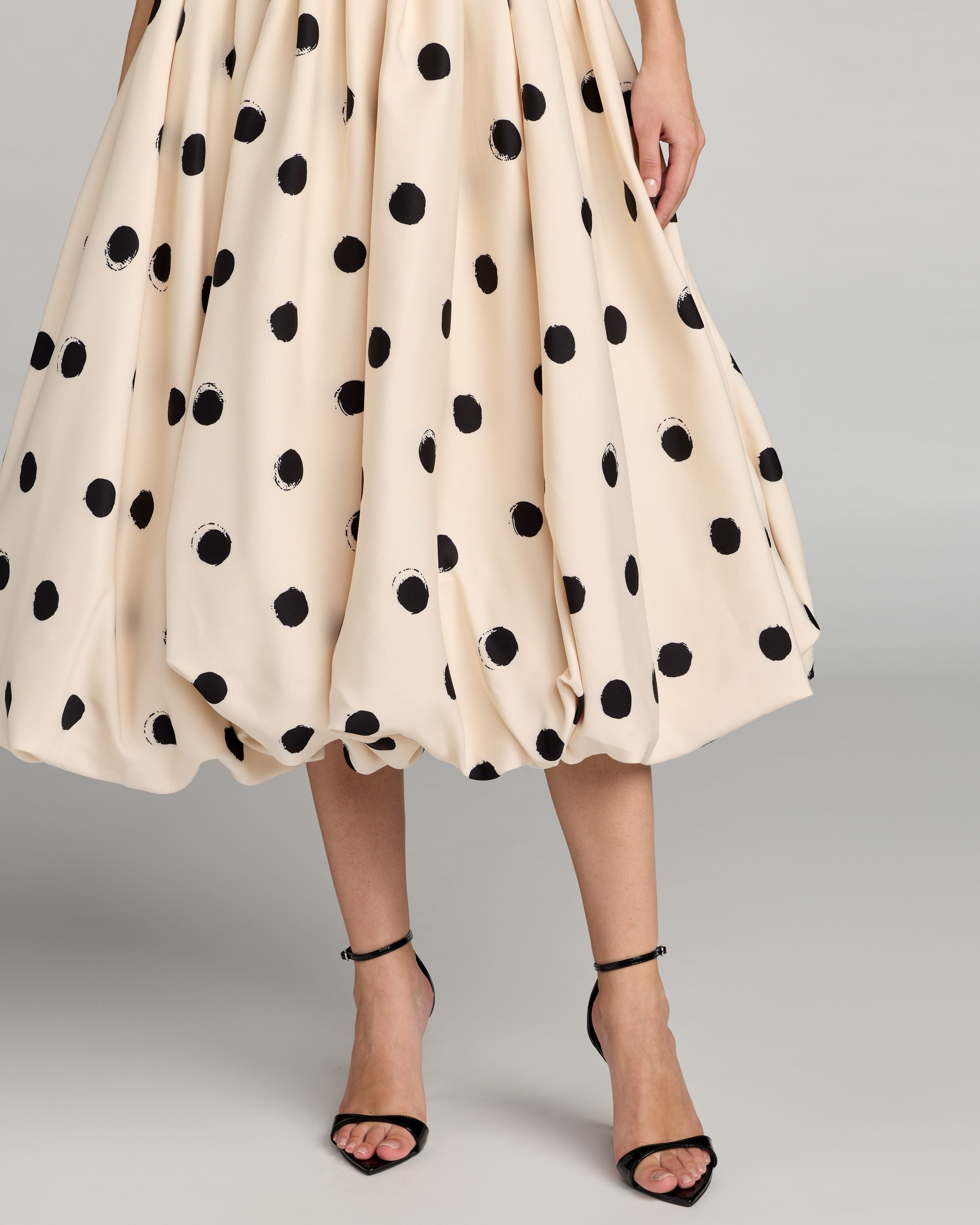 Ivory Strapless Polka Dot Bubble Hem Midi Dress Ieena for Mac Duggal