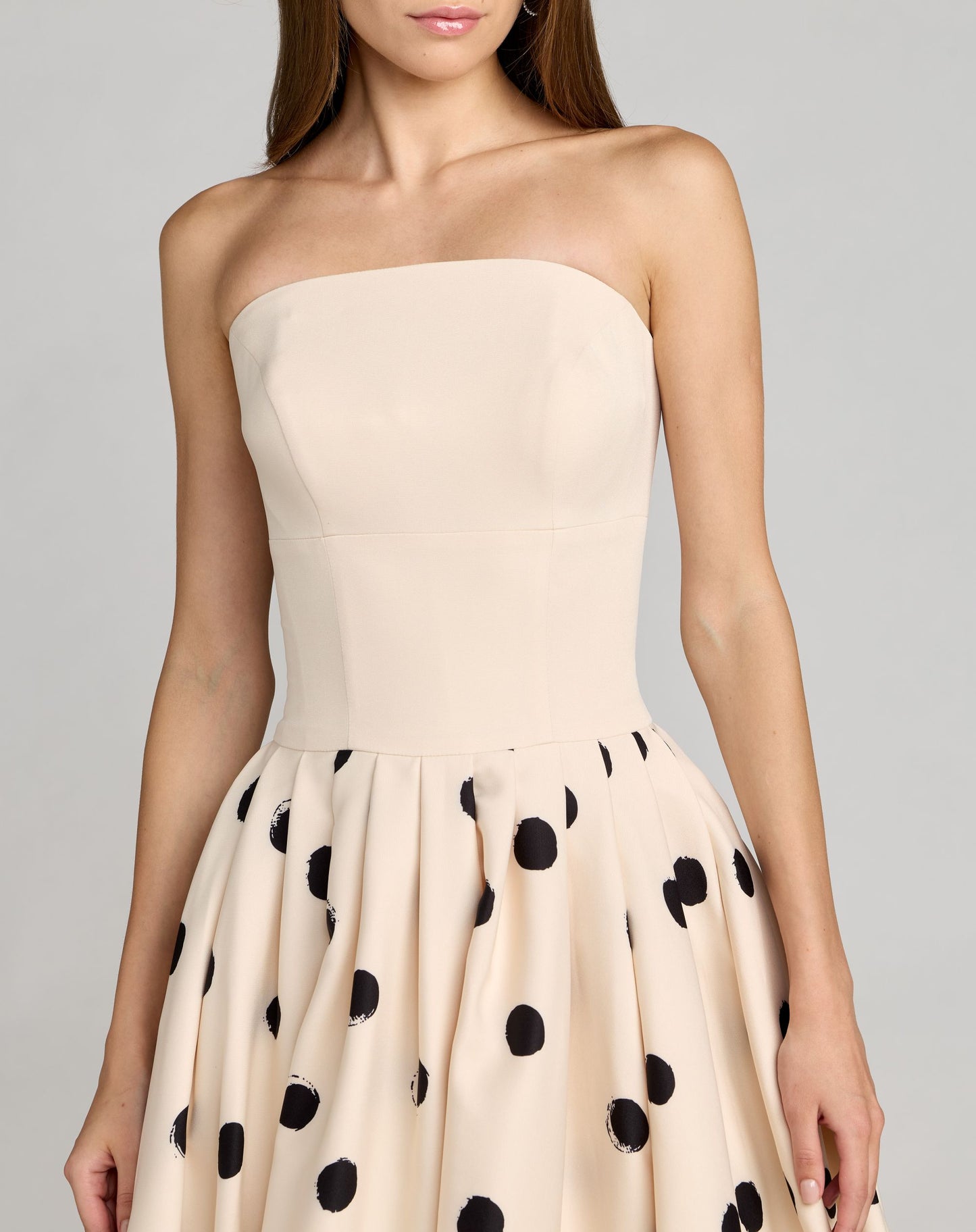 Beige Strapless Polka Dot Bubble Skirt Midi Dress
