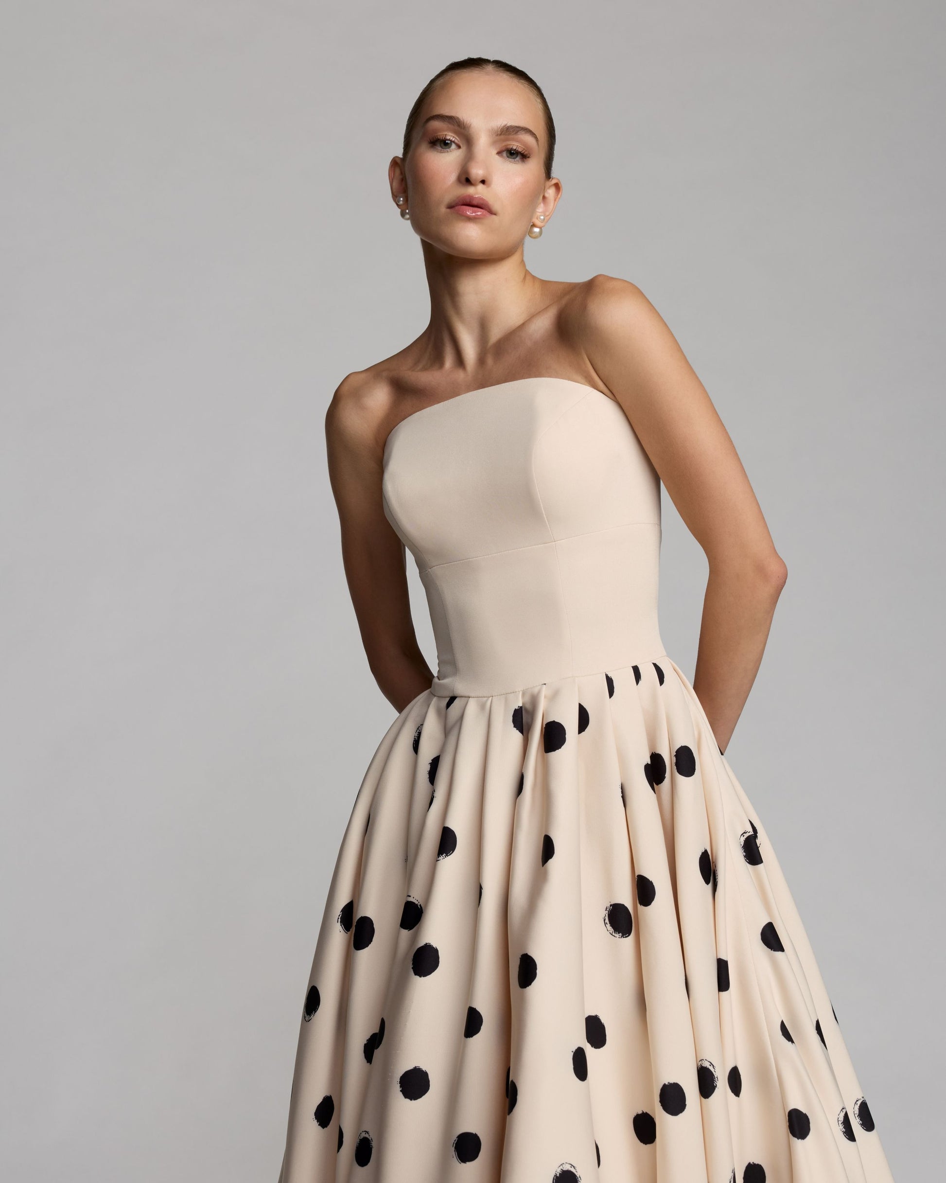 Strapless Polka Dot Bubble Hem Midi Dress