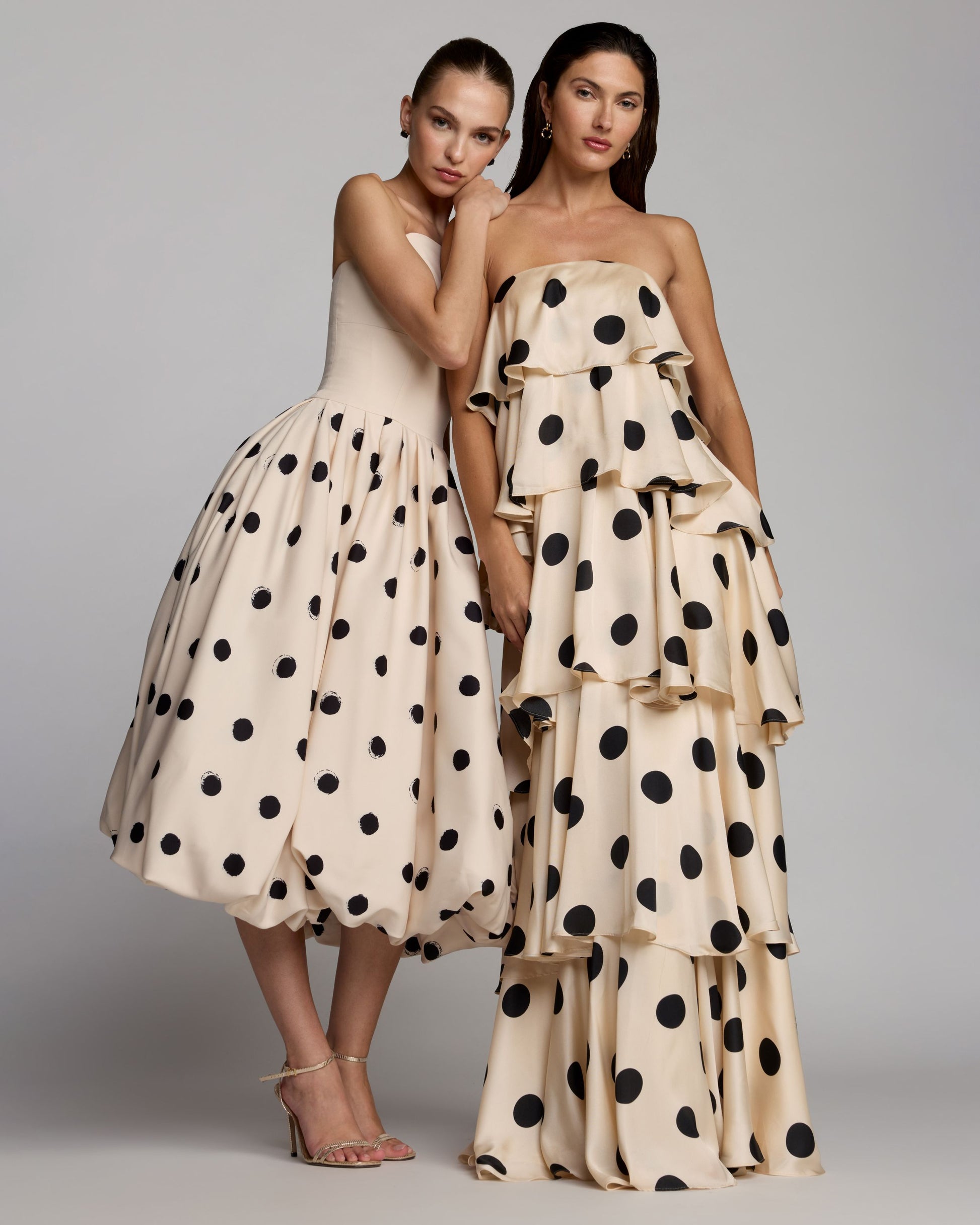 Ivory Strapless Polka Dot Bubble Hem Midi Dress Ieena for Mac Duggal