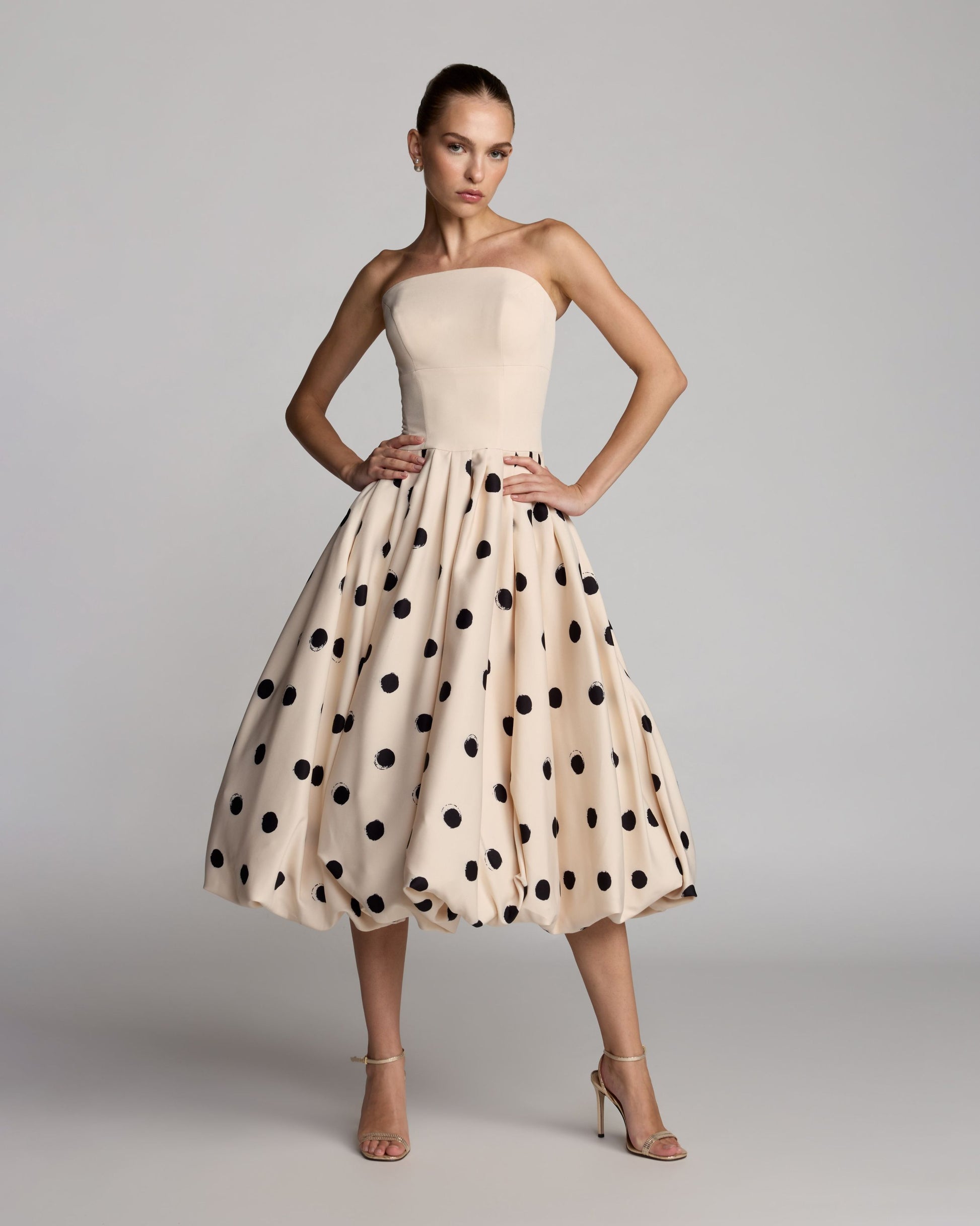Ivory Strapless Polka Dot Bubble Hem Midi Dress Ieena for Mac Duggal