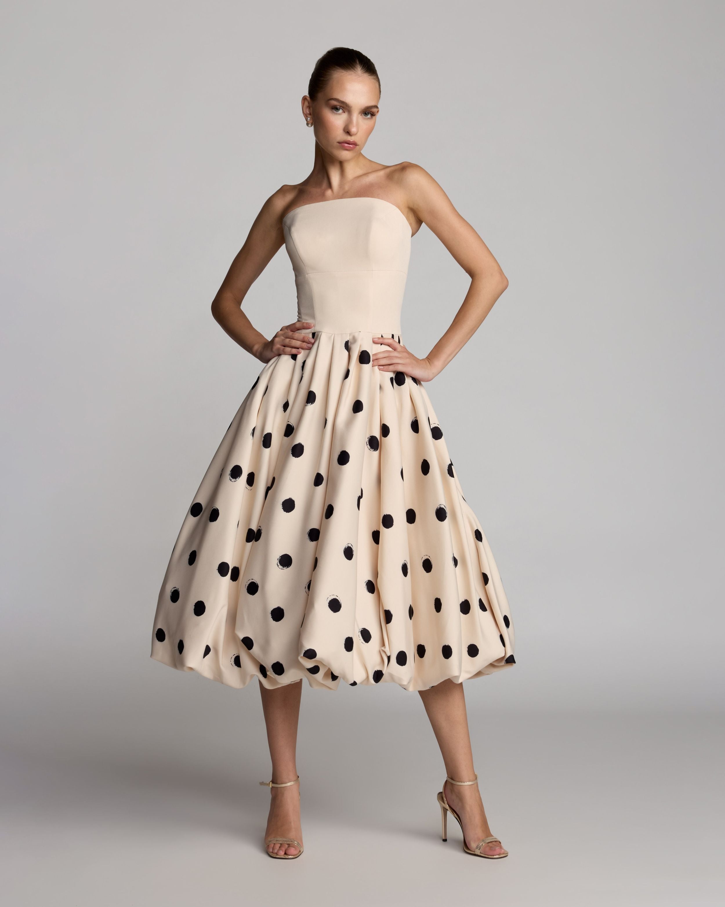 Ivory Strapless Polka Dot Bubble Hem Midi Dress Ieena for Mac Duggal