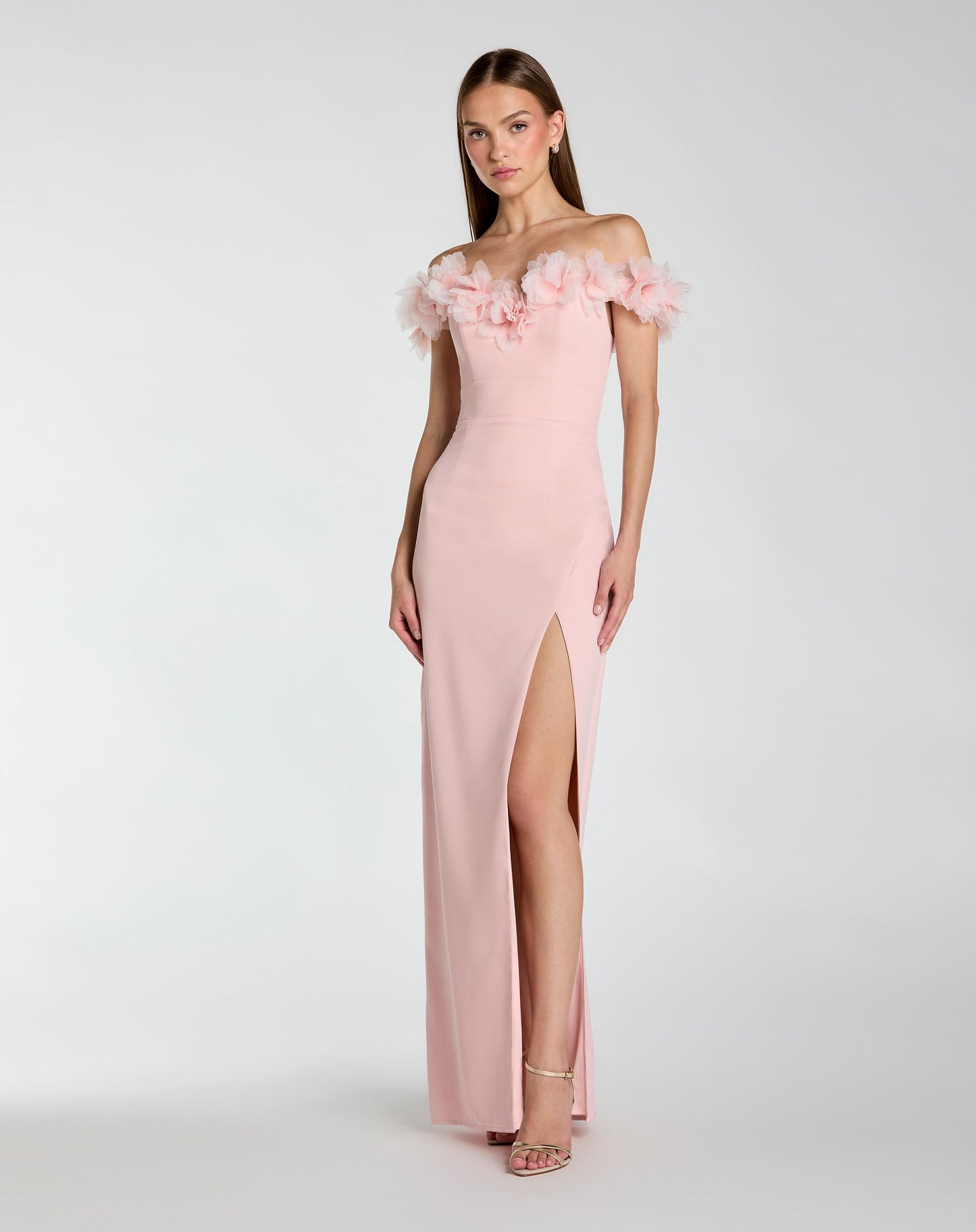 Pink Off The Shoulder Column Gown With 3D Flowers Ieena for Mac Duggal