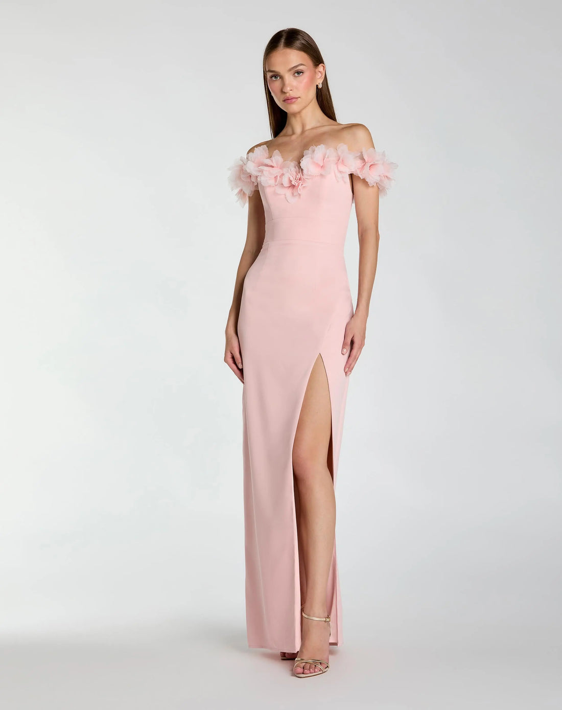 Pink Off The Shoulder Column Gown With 3D Flowers | Mac Duggal Pink Off The Shoulder Column Gown With 3D Flowers | Mac Duggal
