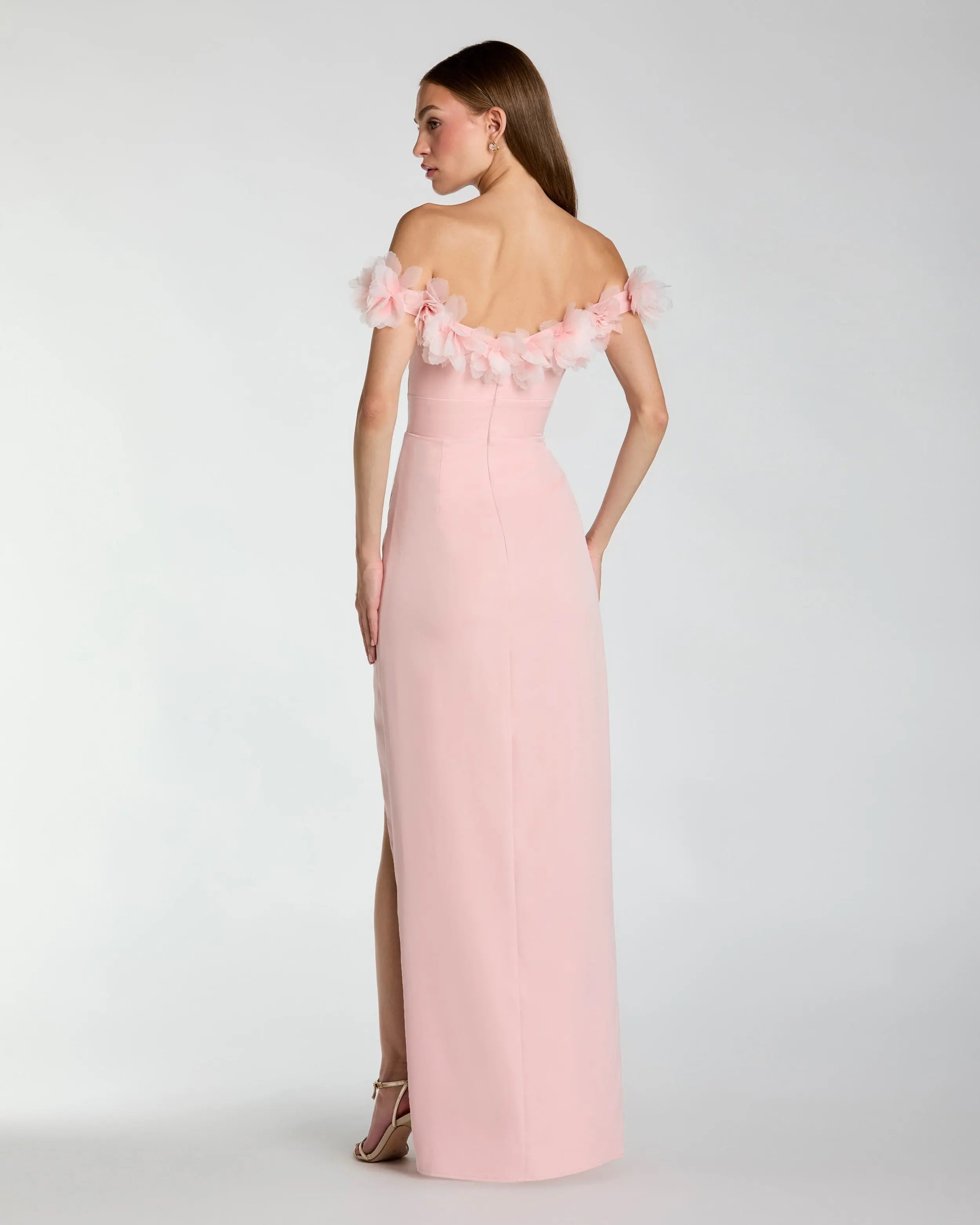 Pink Off The Shoulder Column Gown With 3D Flowers | Mac Duggal Pink Off The Shoulder Column Gown With 3D Flowers | Mac Duggal