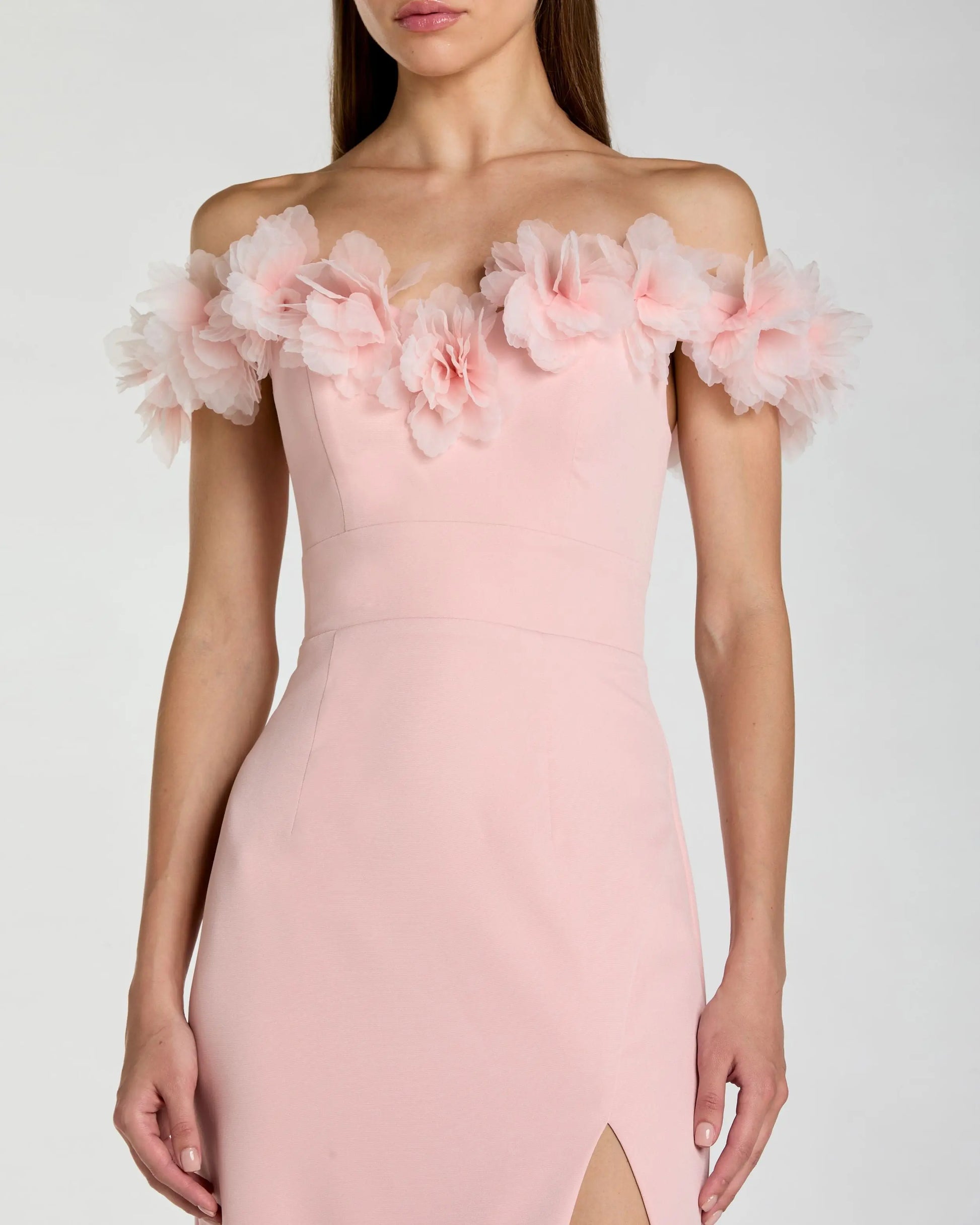 Pink Off The Shoulder Column Gown With 3D Flowers | Mac Duggal Pink Off The Shoulder Column Gown With 3D Flowers | Mac Duggal