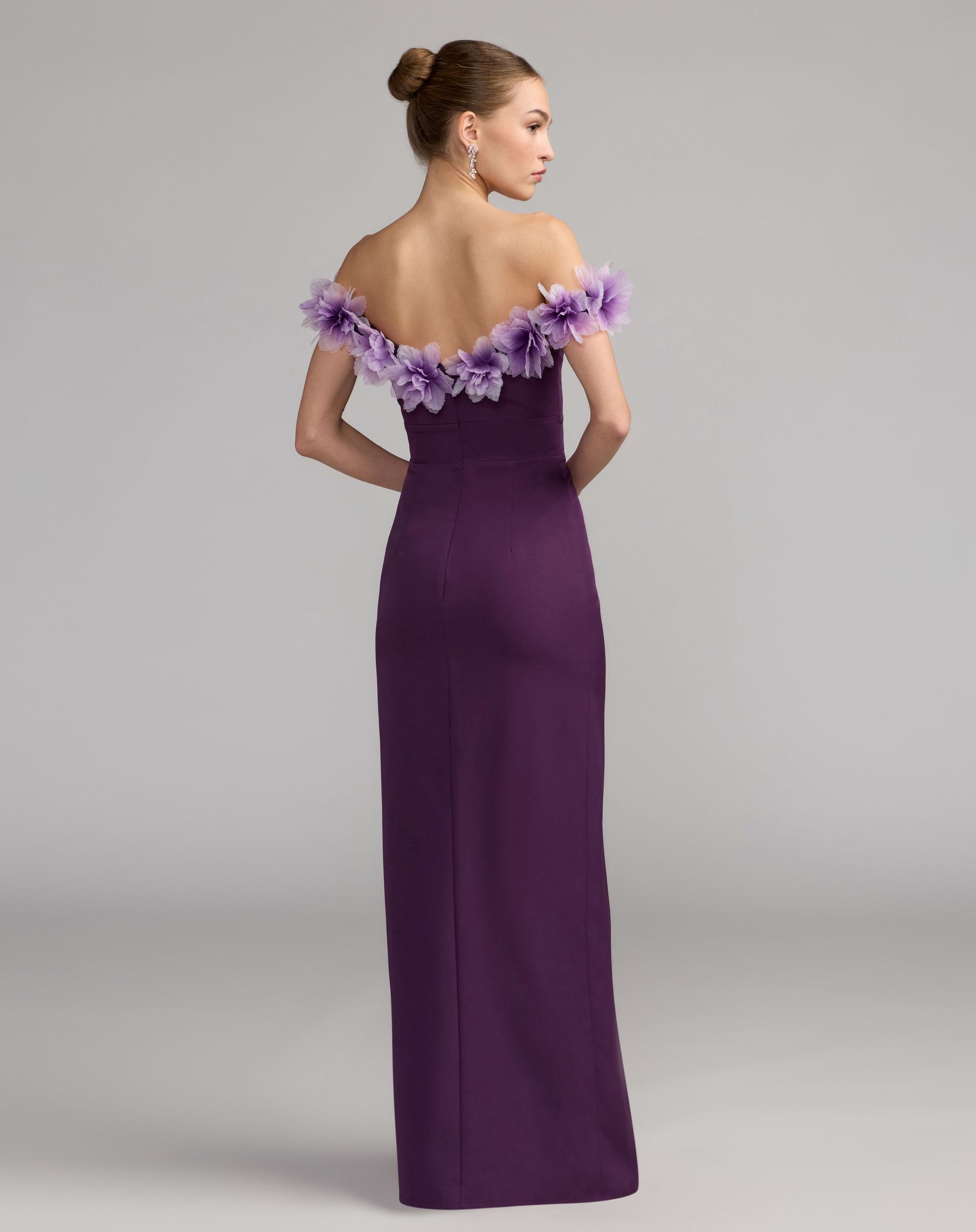 Purple Off The Shoulder Column Gown With 3D Flowers - Ieena for Mac Duggal
