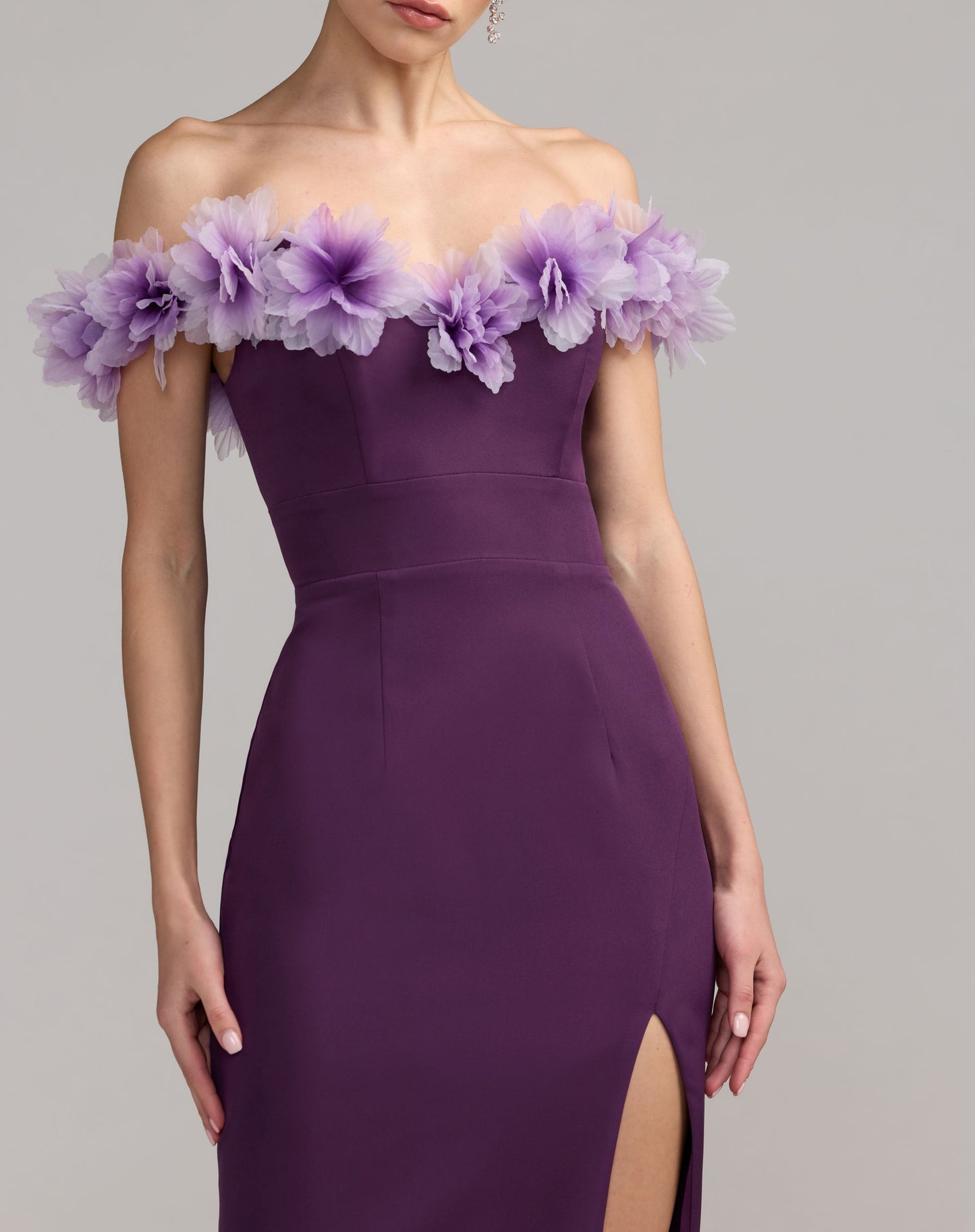 Purple Off The Shoulder Column Gown With 3D Flowers - Ieena for Mac Duggal