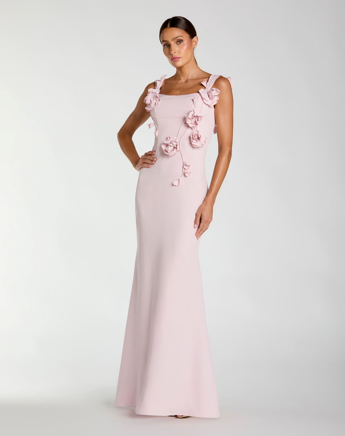 Pink Sleeveless Crepe Column Gown With Floral Detail - Ieena for Mac Duggal