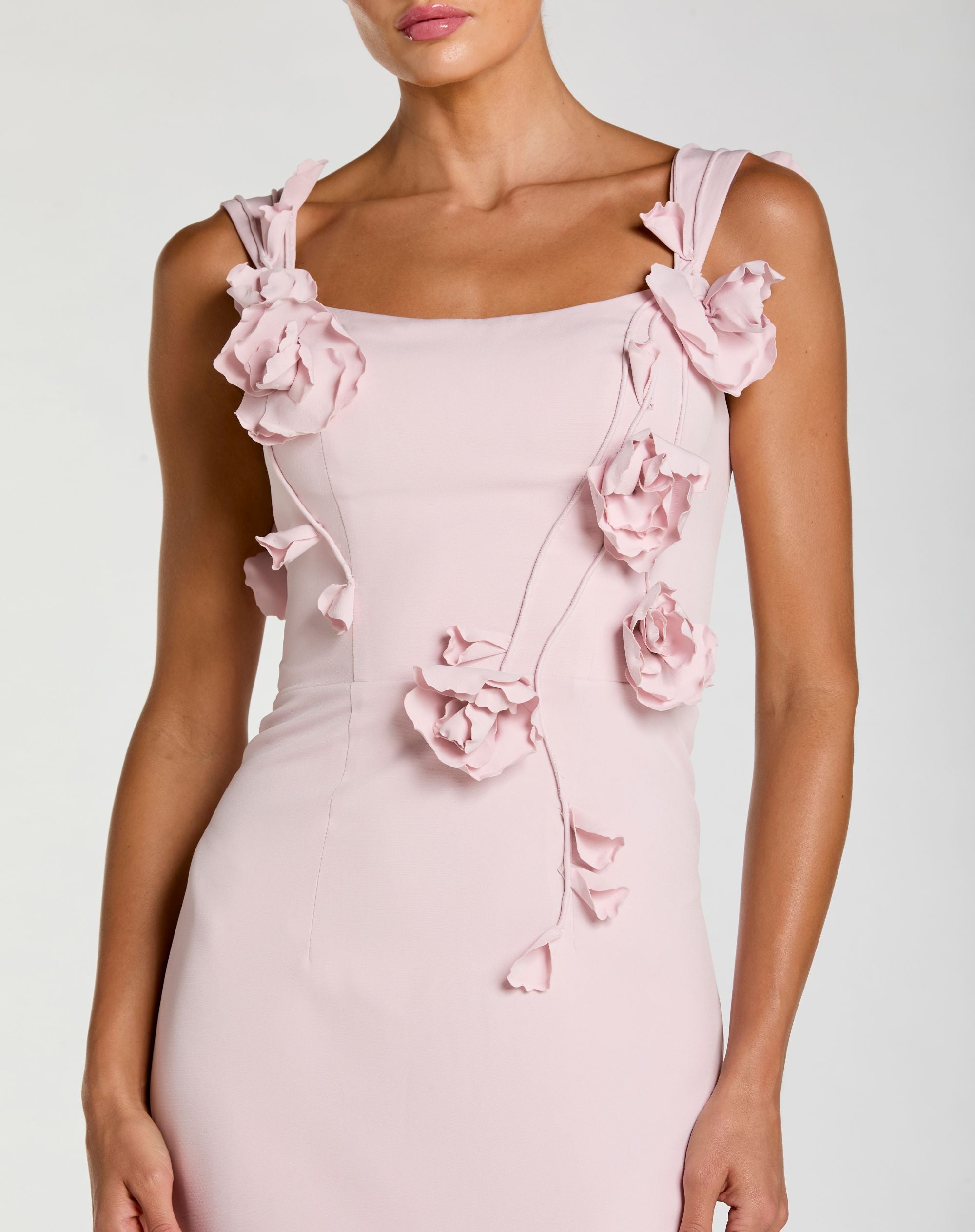 Pink Sleeveless Crepe Column Gown With Floral Detail - Ieena for Mac Duggal