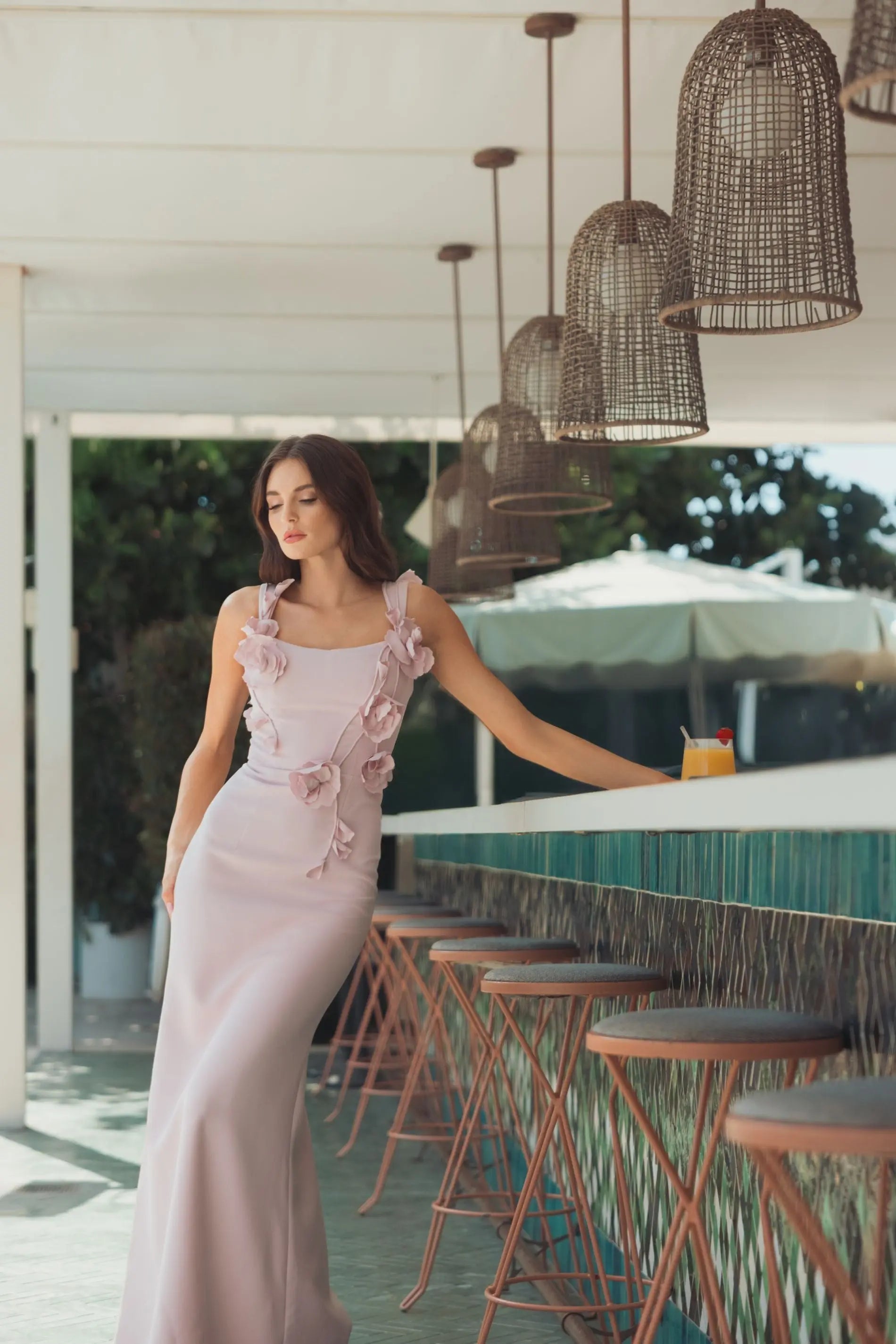 Pink Sleeveless Crepe Column Gown With Floral Detail - Ieena for Mac Duggal