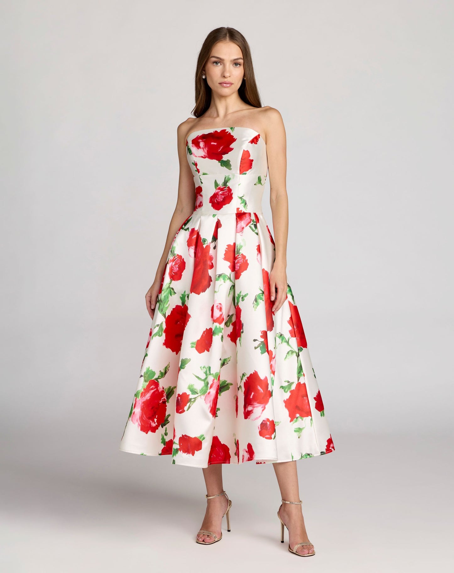 White Strapless Floral Printed A Line Midi Dress - Ieena for Mac Duggal