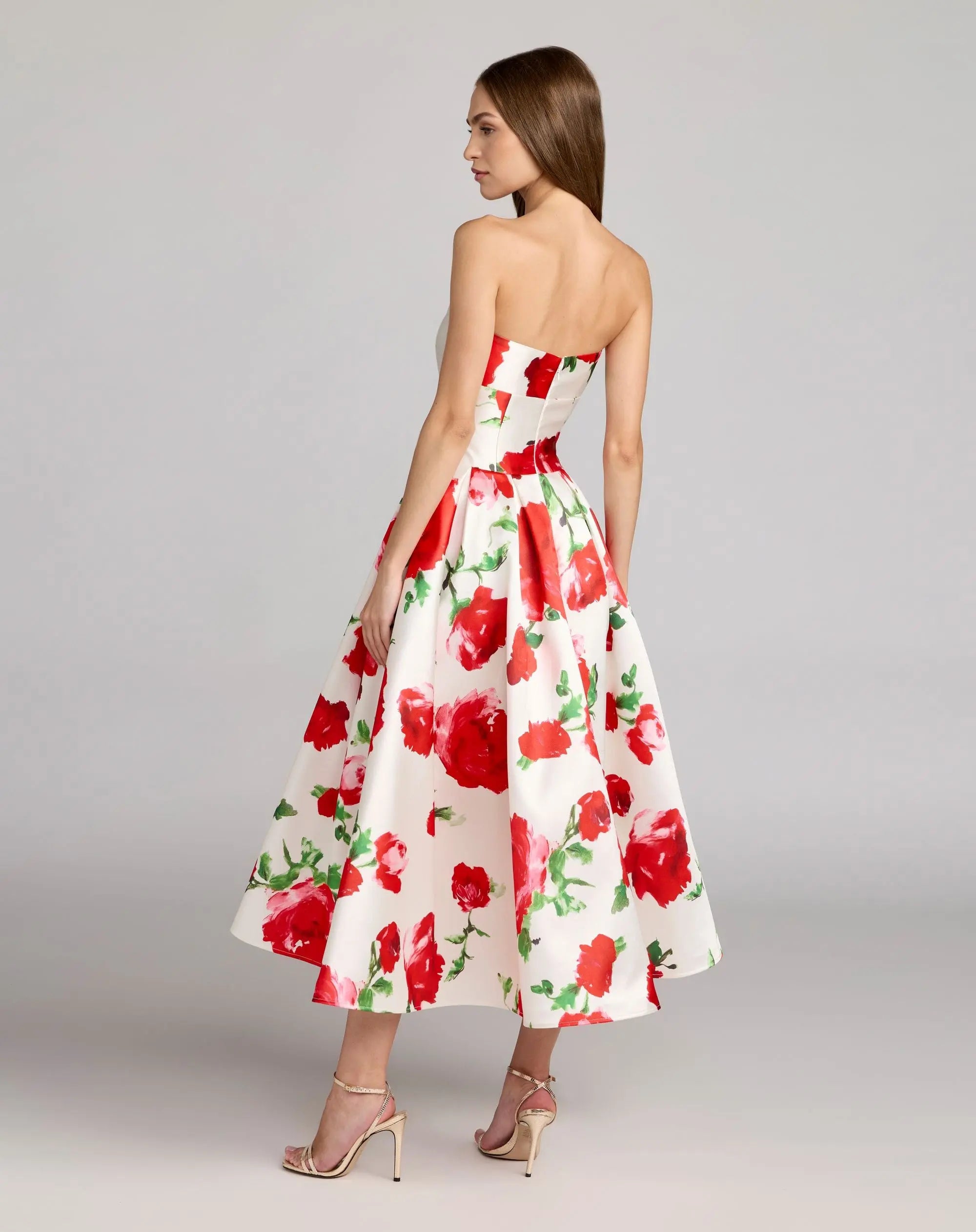 White Strapless Floral Printed A Line Midi Dress - Ieena for Mac Duggal