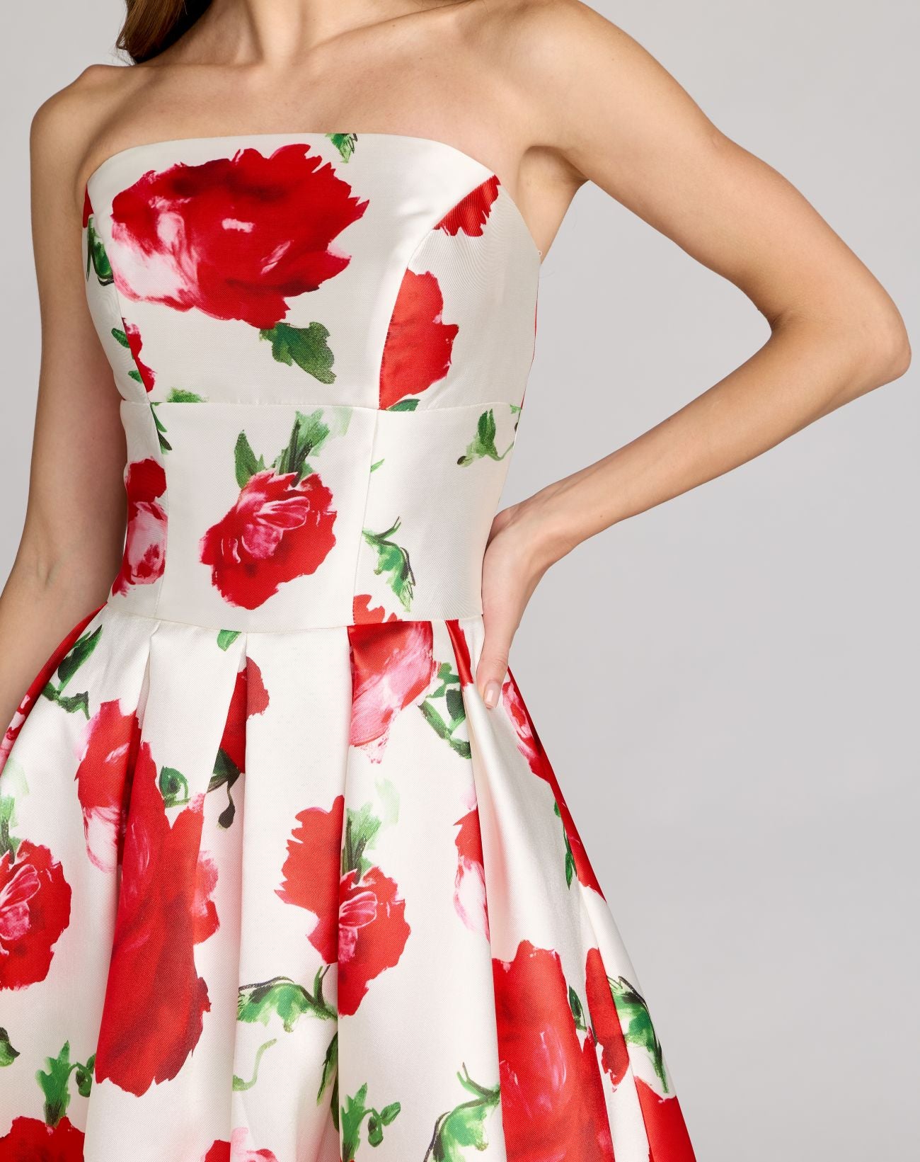 White Strapless Floral Printed A Line Midi Dress - Ieena for Mac Duggal