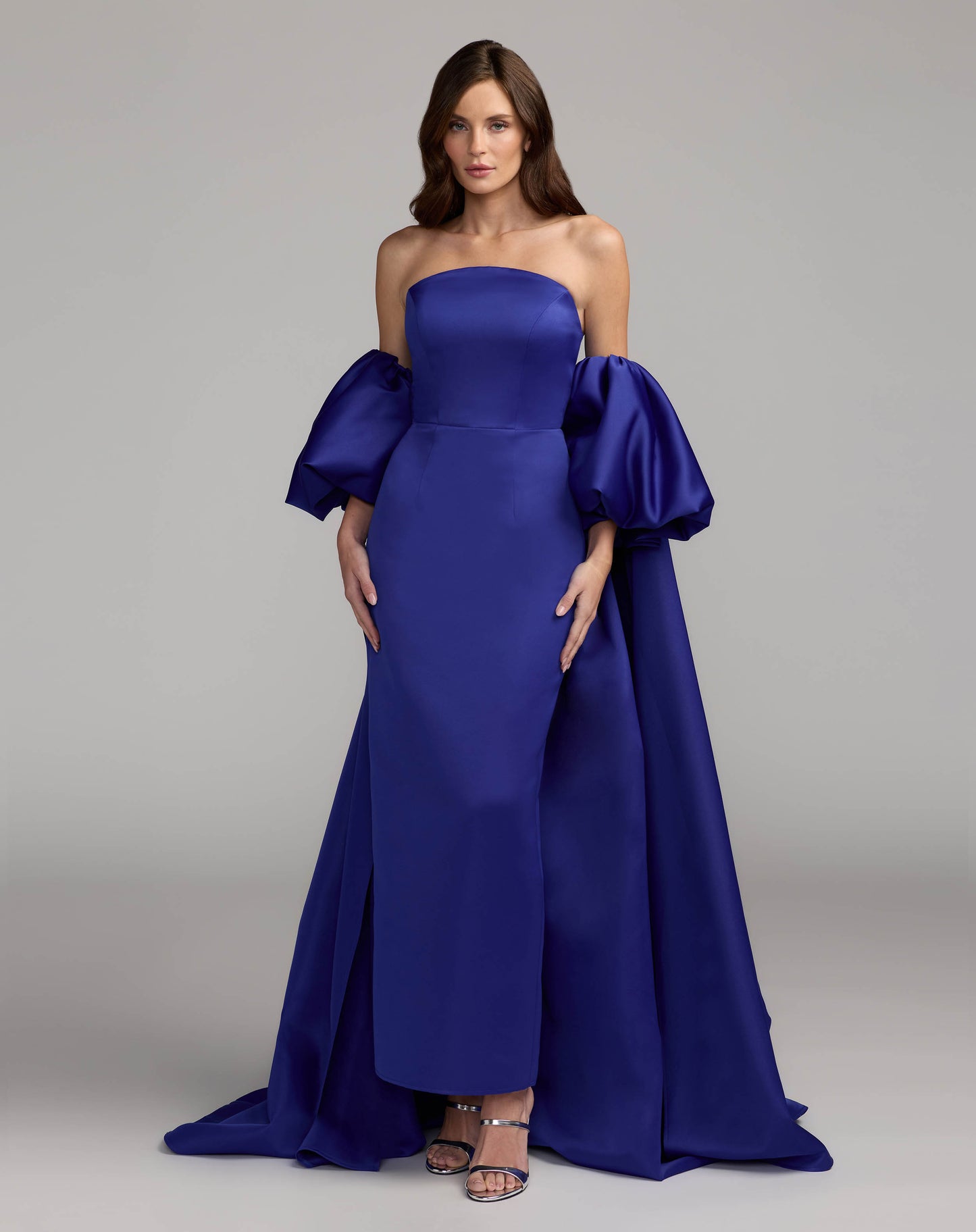 Blue Strapless Puff Sleeve Satin Gown With Cape - Ieena for Mac Duggal