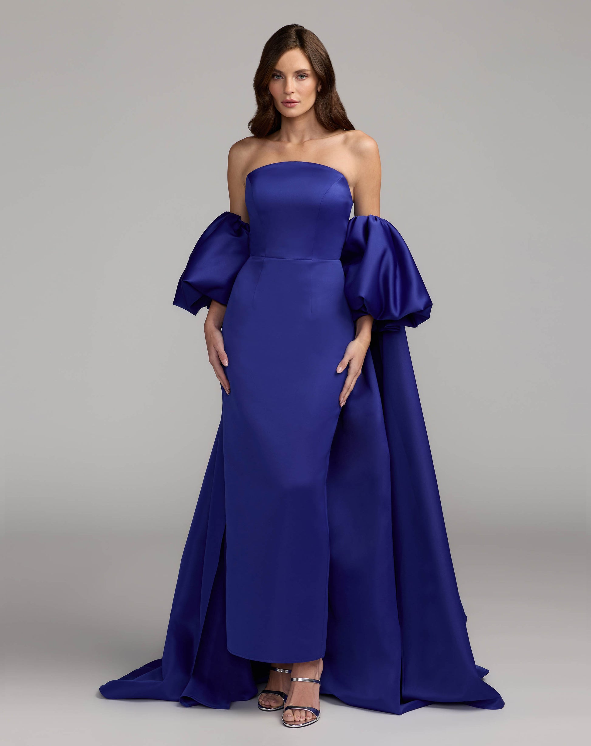 Blue Strapless Puff Sleeve Satin Gown With Cape - Ieena for Mac Duggal