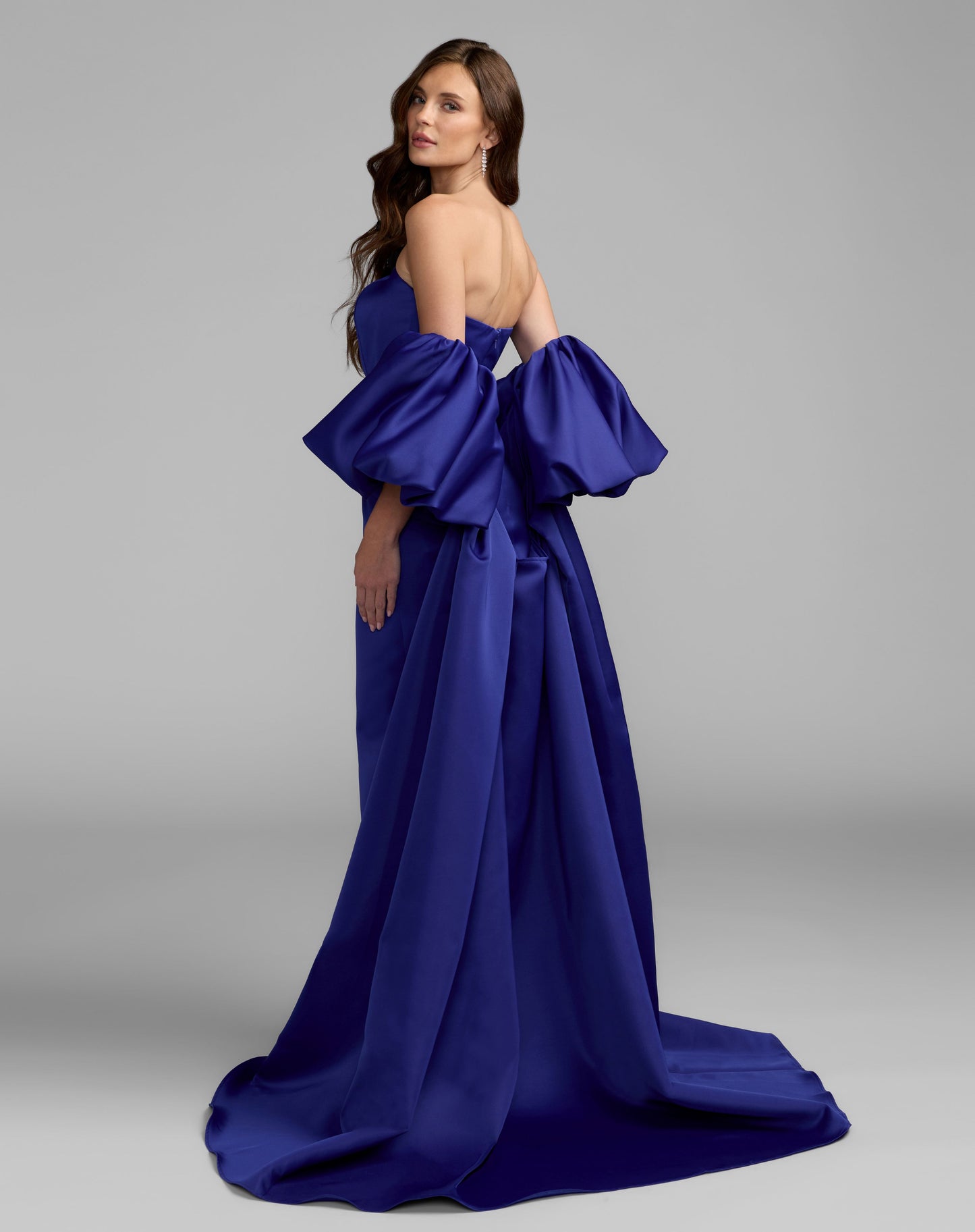 Blue Strapless Puff Sleeve Satin Gown With Cape - Ieena for Mac Duggal
