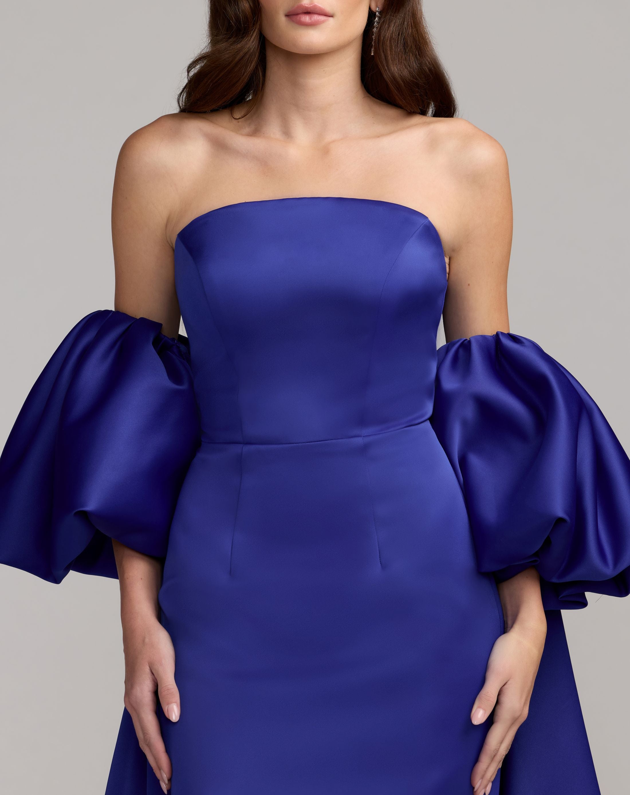 Blue Strapless Puff Sleeve Satin Gown With Cape - Ieena for Mac Duggal
