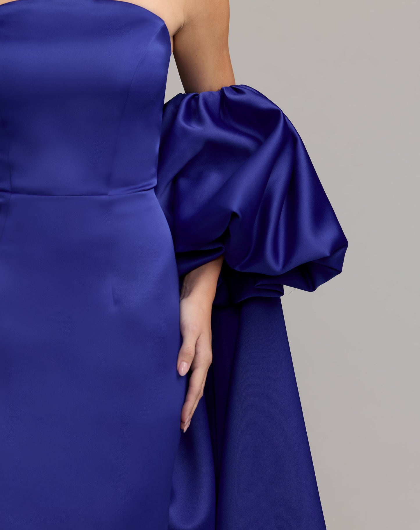 Blue Strapless Puff Sleeve Satin Gown With Cape - Ieena for Mac Duggal