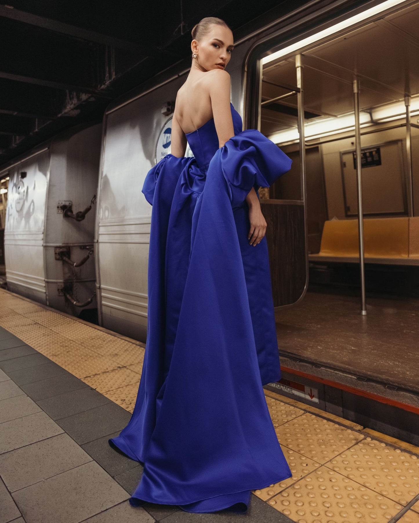 Blue Strapless Puff Sleeve Satin Gown With Cape - Ieena for Mac Duggal
