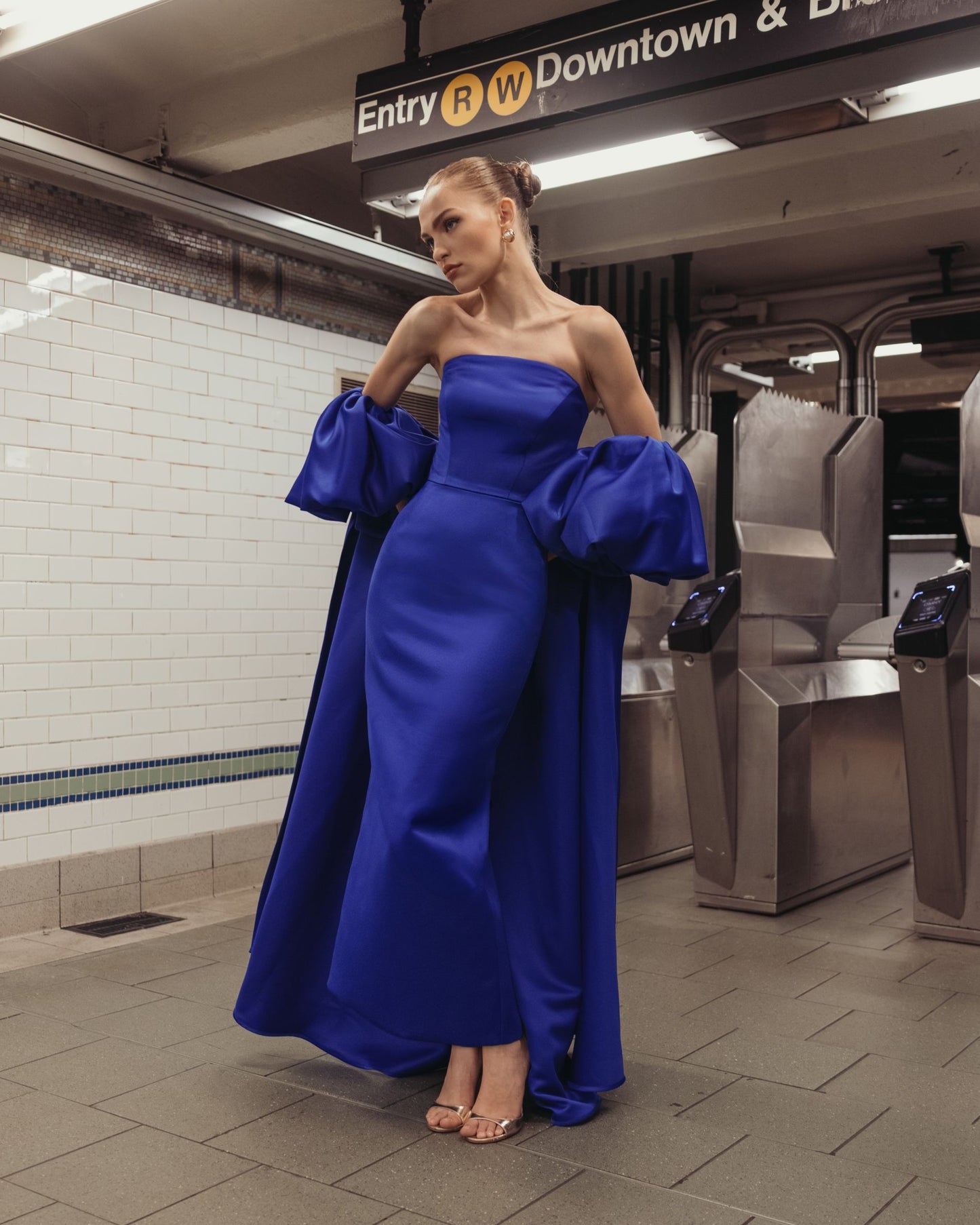Blue Strapless Puff Sleeve Satin Gown With Cape - Ieena for Mac Duggal