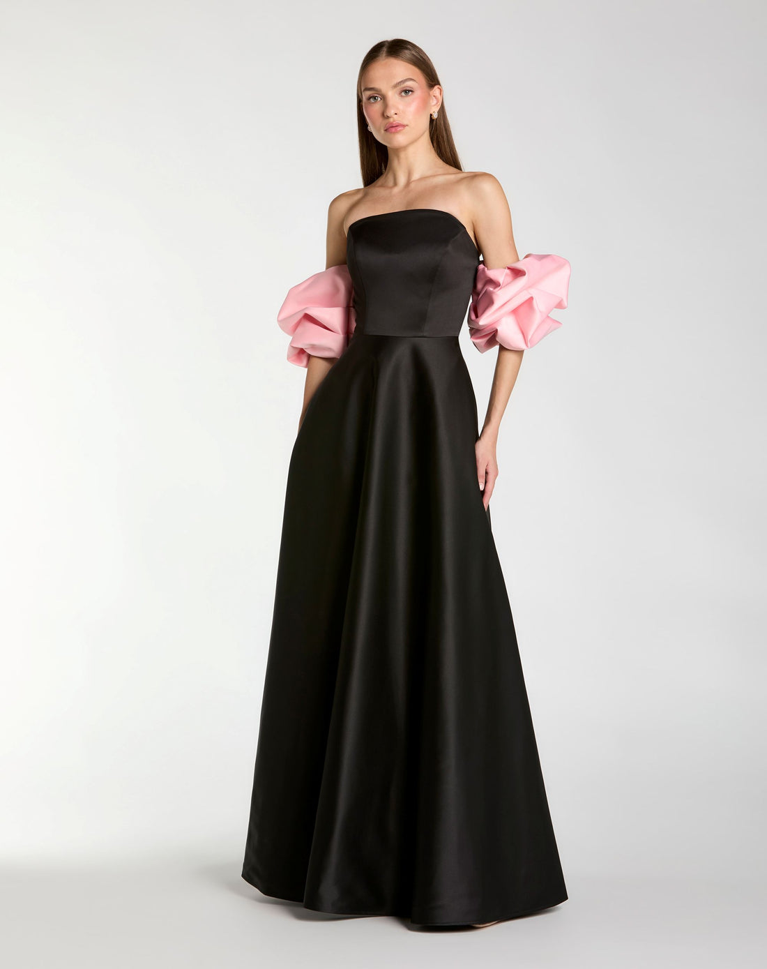 Black Satin Off The Shoulder Puff Sleeve Ball Gown - Ieena for Mac Duggal