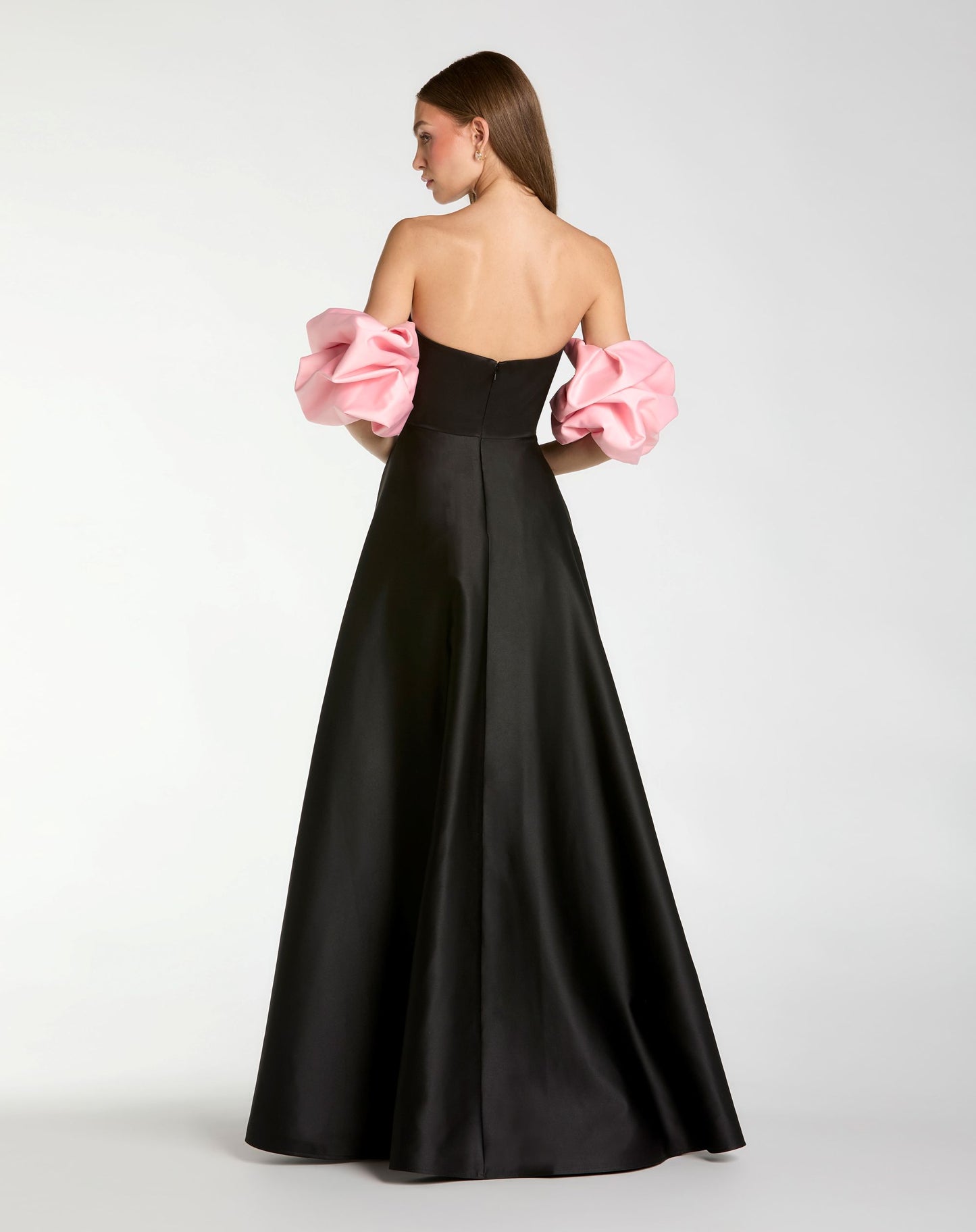 Black Satin Off The Shoulder Puff Sleeve Ball Gown - Ieena for Mac Duggal