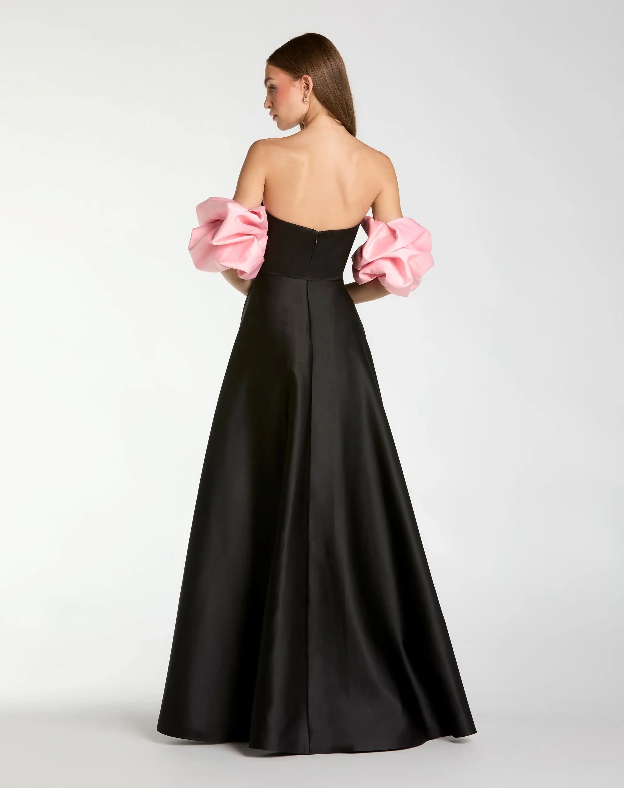 Black Satin Off The Shoulder Puff Sleeve Ball Gown - Ieena for Mac Duggal