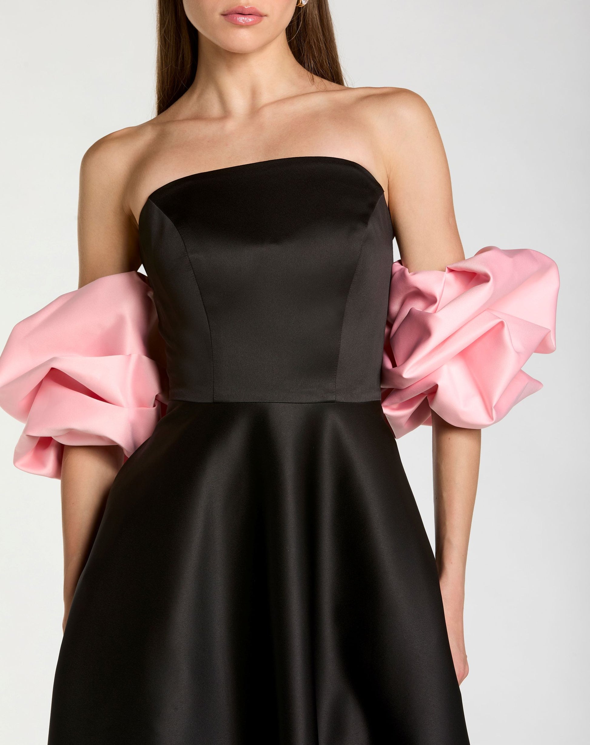Black Satin Off The Shoulder Puff Sleeve Ball Gown - Ieena for Mac Duggal