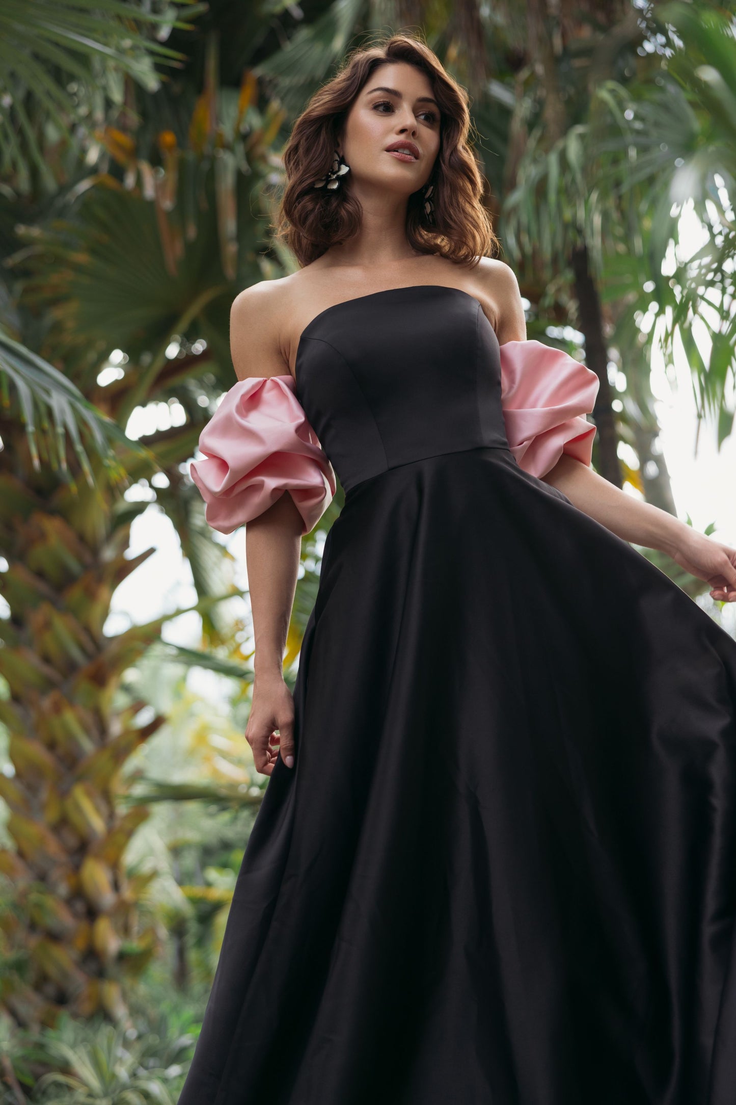 Black Satin Off The Shoulder Puff Sleeve Ball Gown - Ieena for Mac Duggal