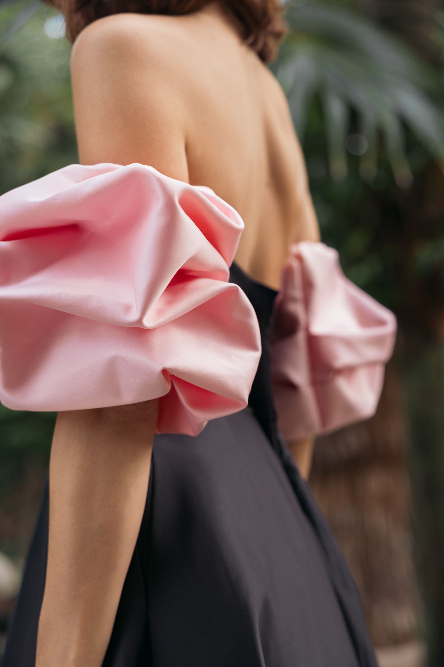 Black Satin Off The Shoulder Puff Sleeve Ball Gown - Ieena for Mac Duggal