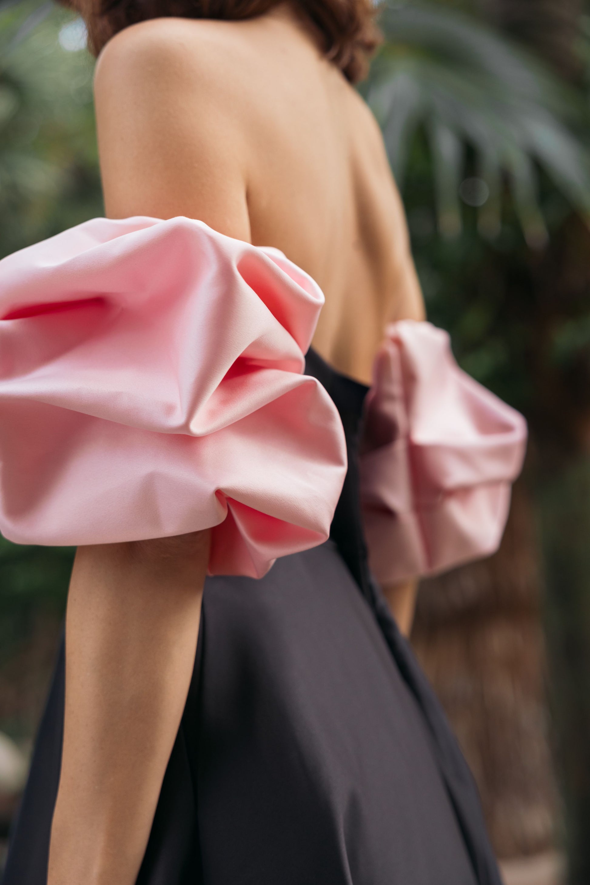 Black Satin Off The Shoulder Puff Sleeve Ball Gown - Ieena for Mac Duggal