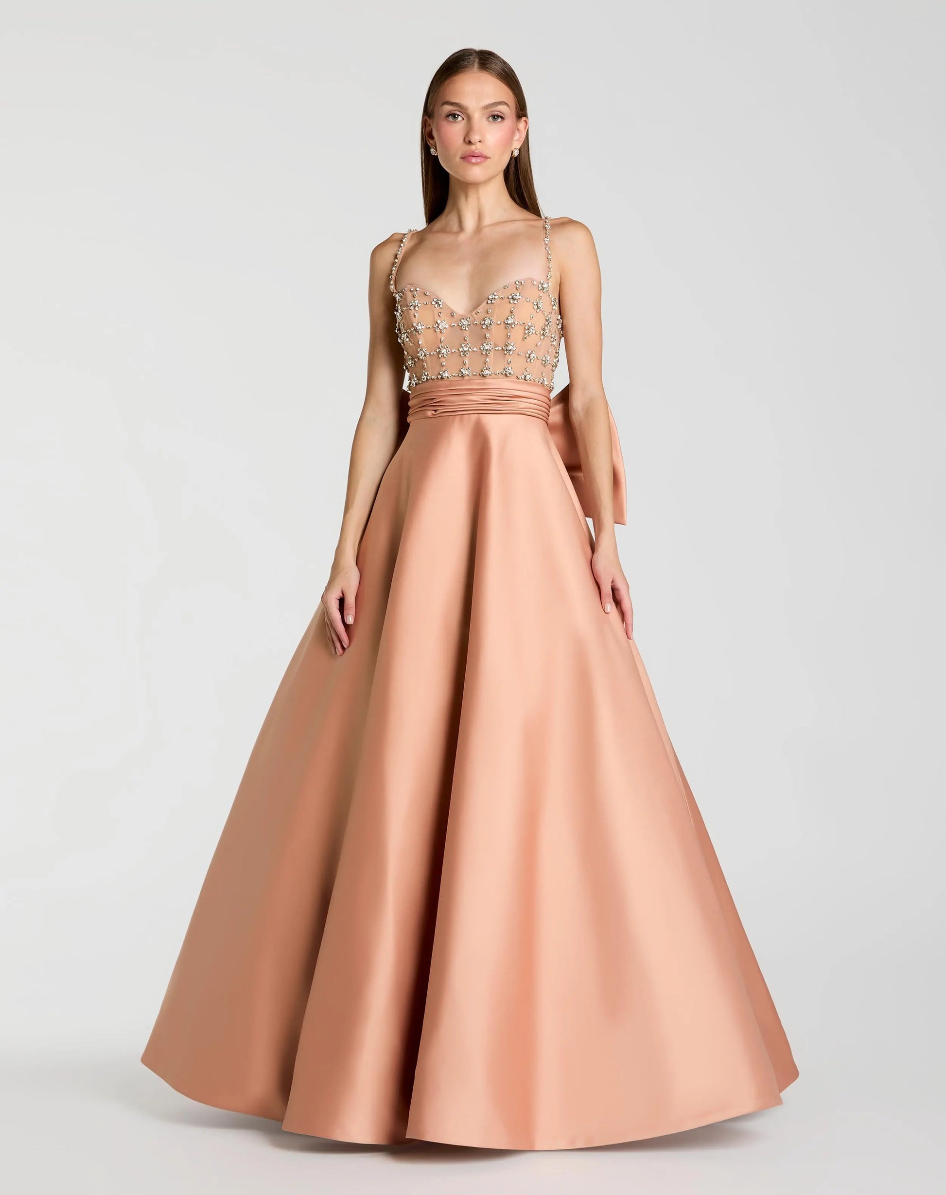 Peach Embellished Bodice Sweetheart Neck Satin Ball Gown - Mac Duggal