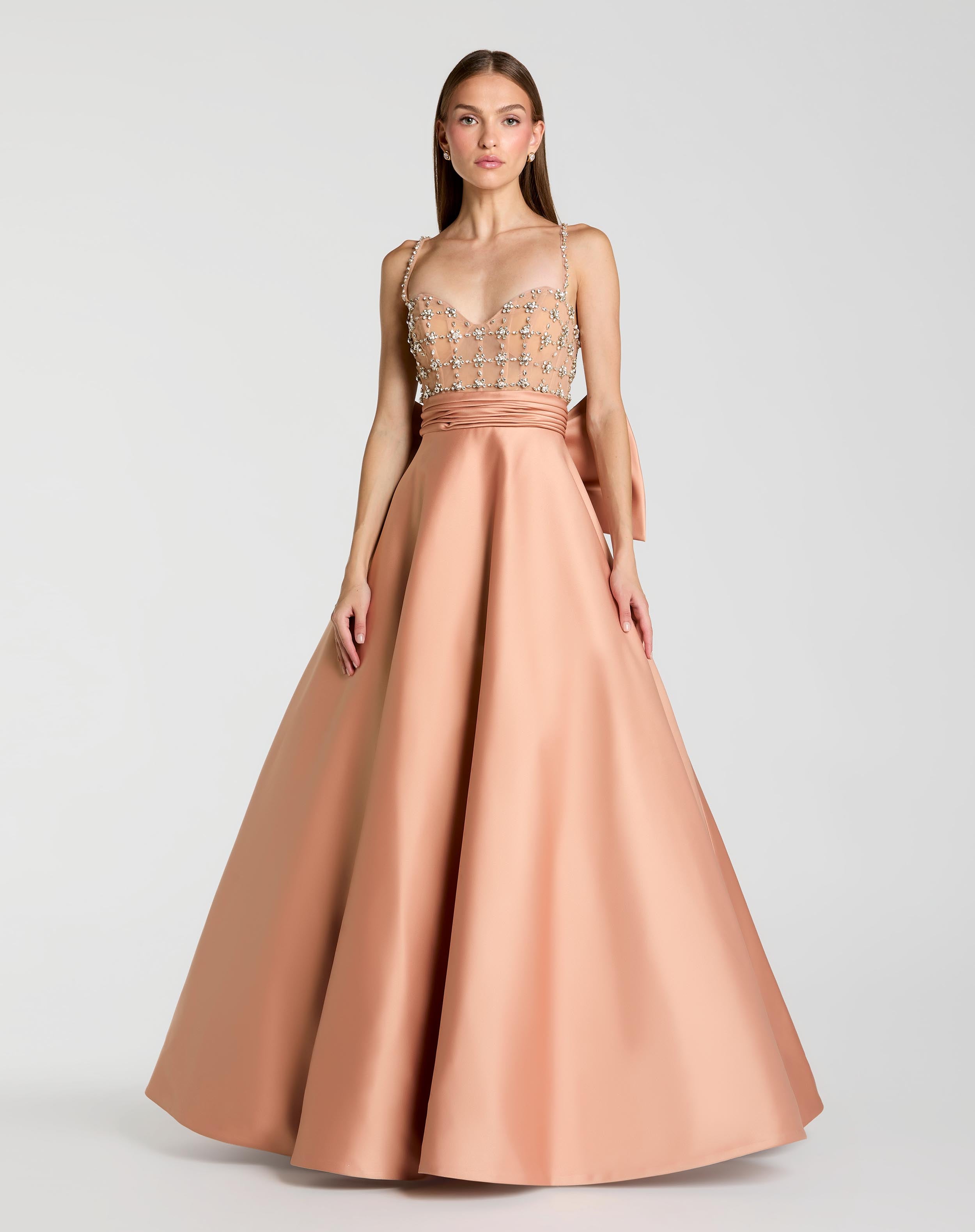 Peach Embellished Bodice Sweetheart Neck Satin Ball Gown - Mac Duggal