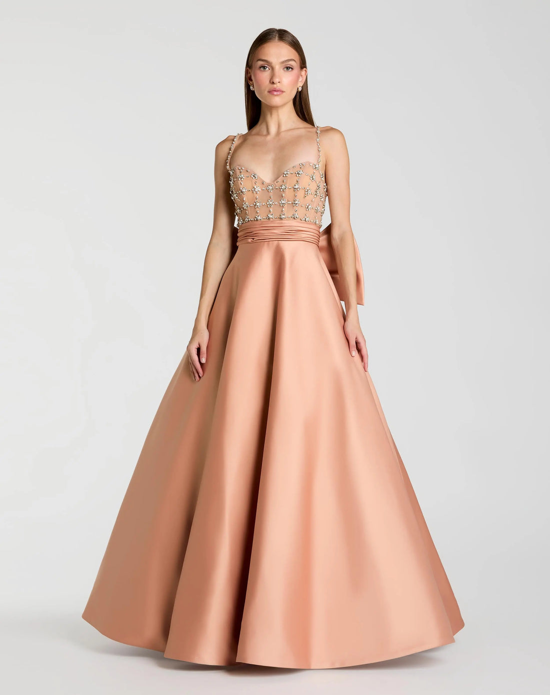 Peach Embellished Bodice Sweetheart Neck Satin Ball Gown - Mac Duggal