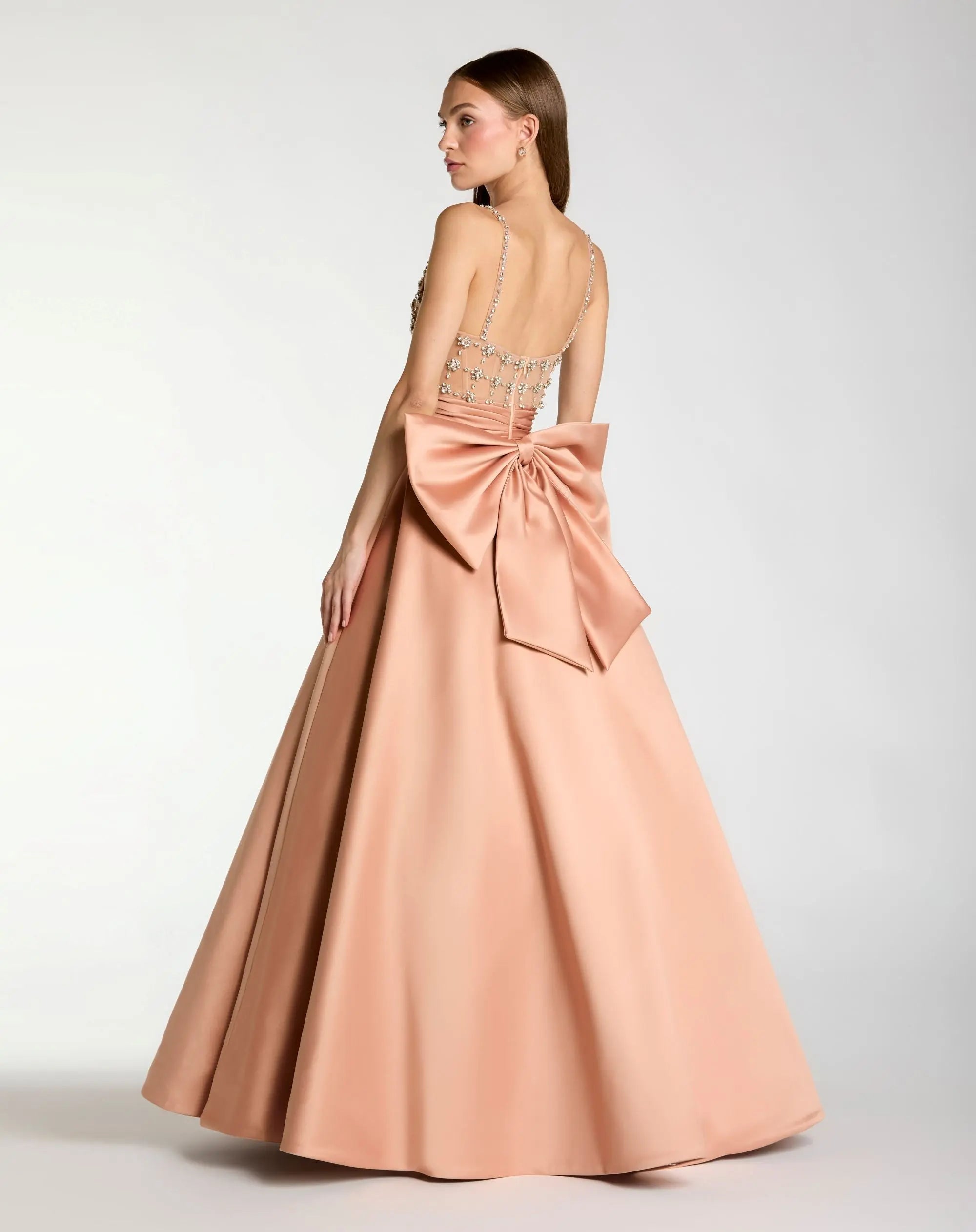 Peach Embellished Bodice Sweetheart Neck Satin Ball Gown - Mac Duggal