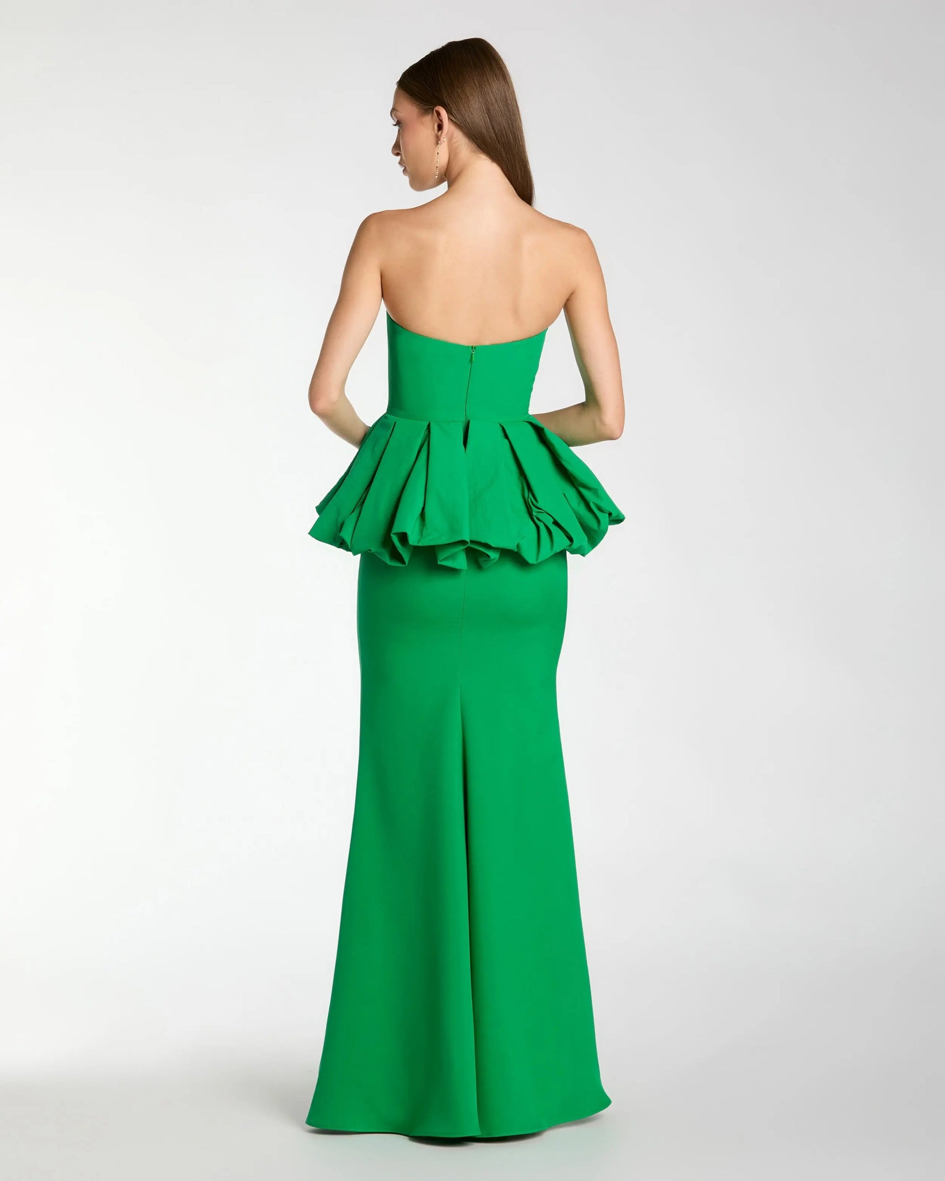 Green Strapless Peplum Trumpet Gown | Mac Duggal Green Strapless Peplum Trumpet Gown | Mac Duggal