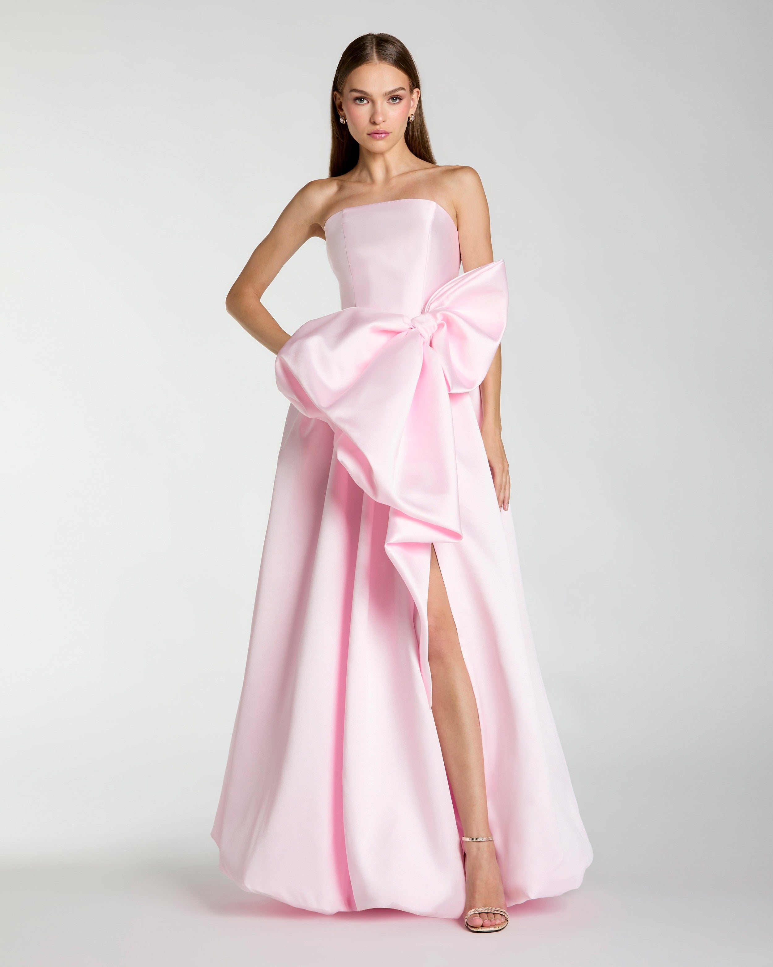 Light Pink Mikado Strapless Bubble Hem Ball Gown with Bow Ieena for Mac Duggal